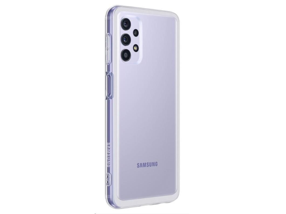 Un smartphone Samsung morado en una funda transparente, visto de lado, sobre un fondo oscuro.