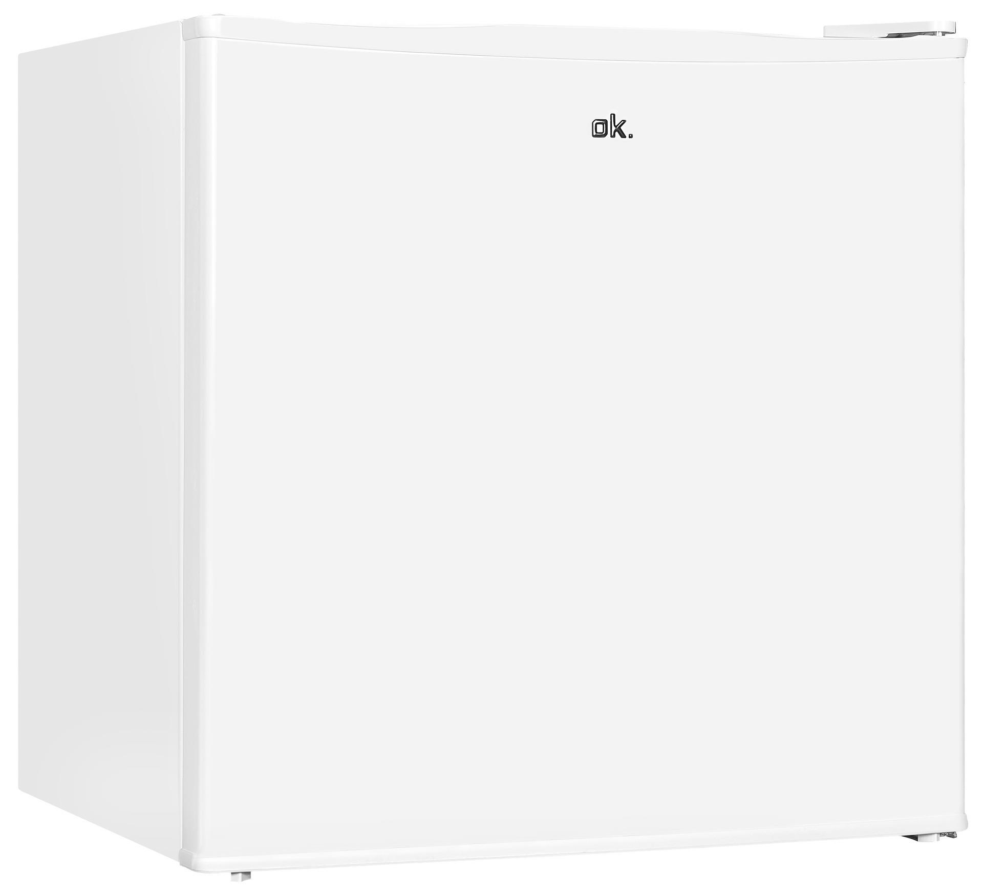 Weißer Mini-Kühlschrank mit dem ok. Logo darauf.