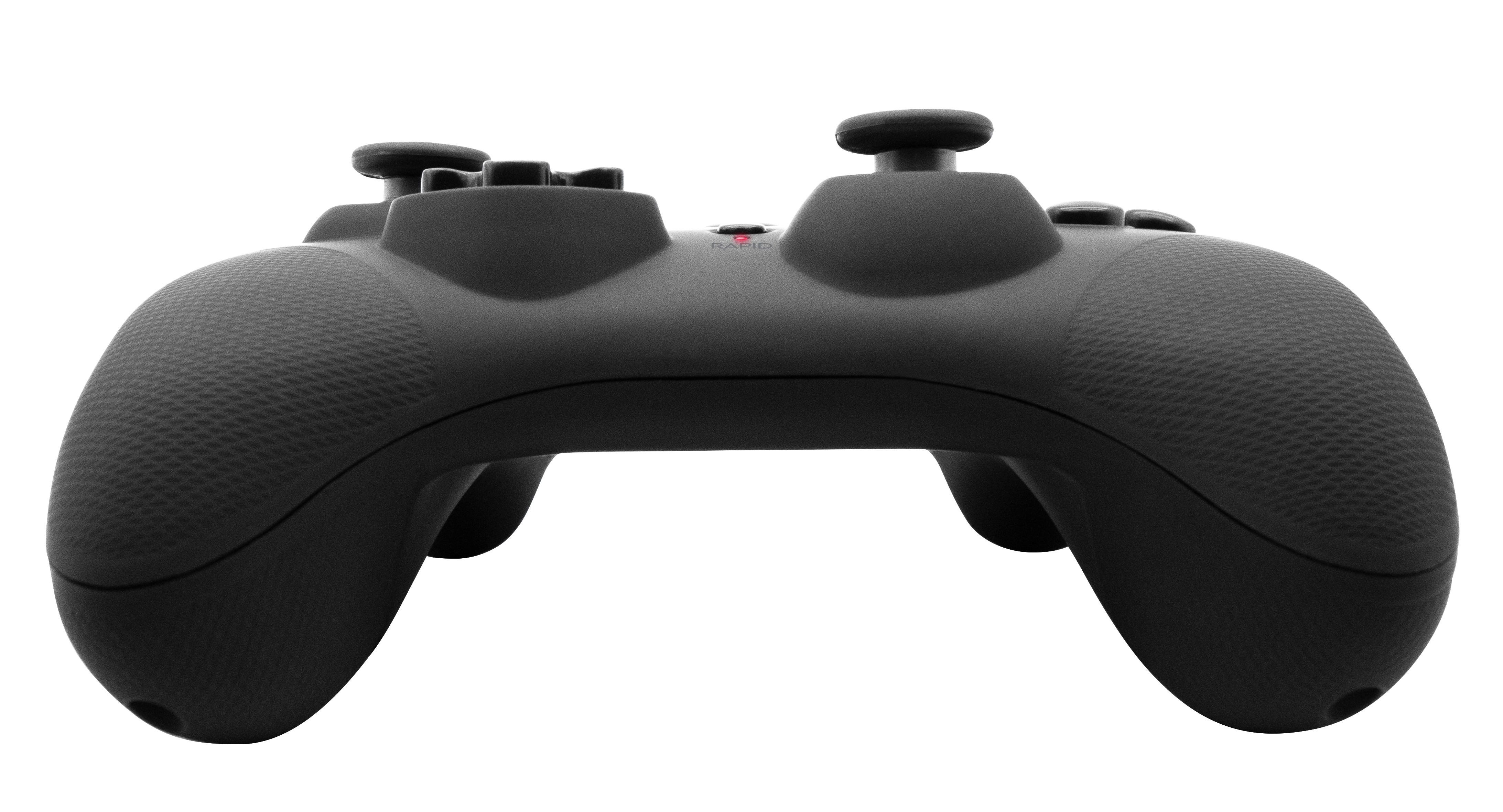 Schwarzer Gamecontroller mit strukturierten Griffen und mehreren Tasten.