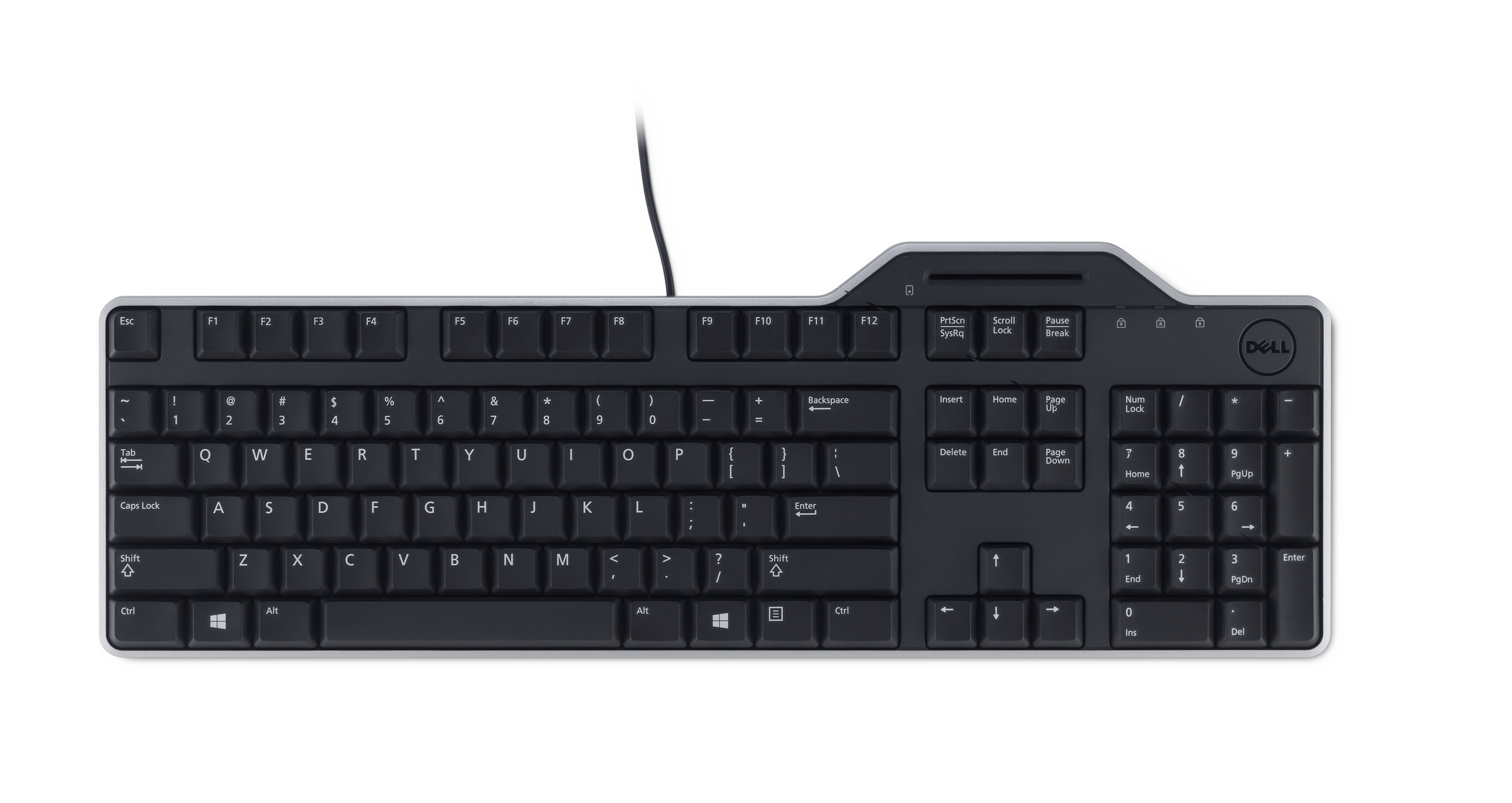 Eine schwarze Dell-Tastatur mit weißer Beschriftung. Sie hat Funktionstasten, einen Ziffernblock und ein Kabel.