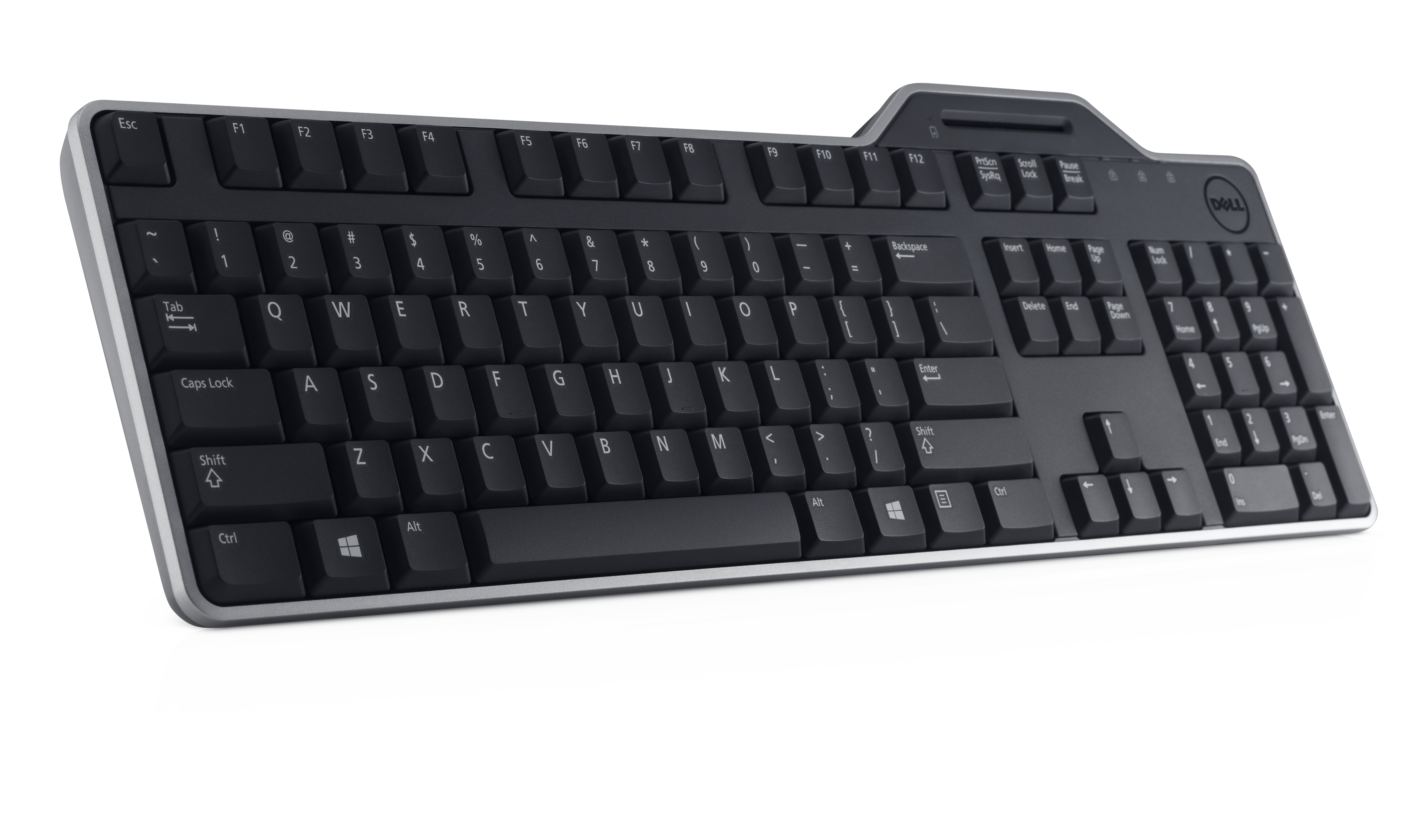 Schwarze Dell-Tastatur auf weißem Hintergrund. Enthält Funktionstasten, alphanumerische Tasten und einen Ziffernblock.