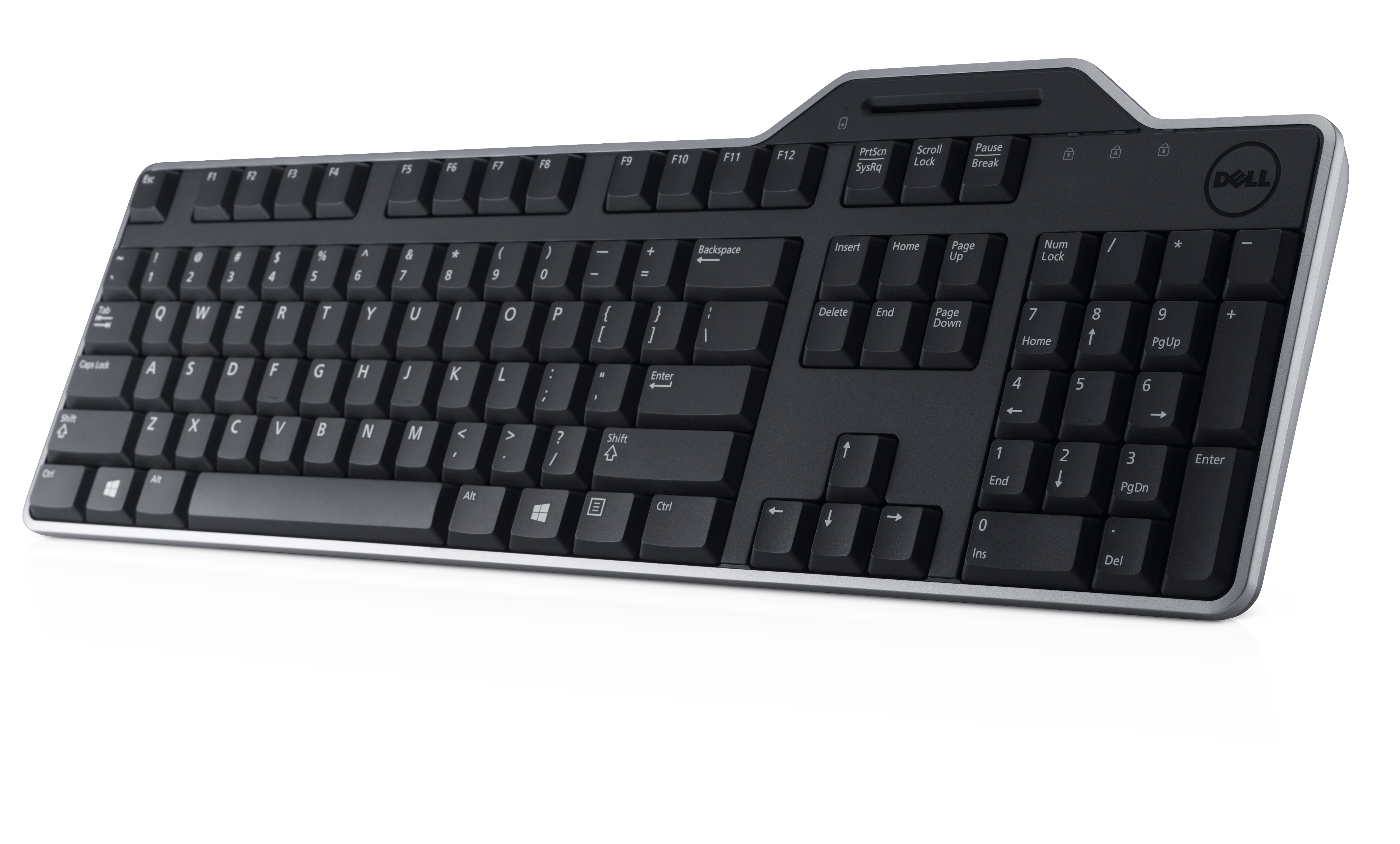 Schwarze Dell-Tastatur mit silberner Einfassung. Enthält alphanumerische Tasten, Funktionstasten und einen Ziffernblock. Weißer Hintergrund.