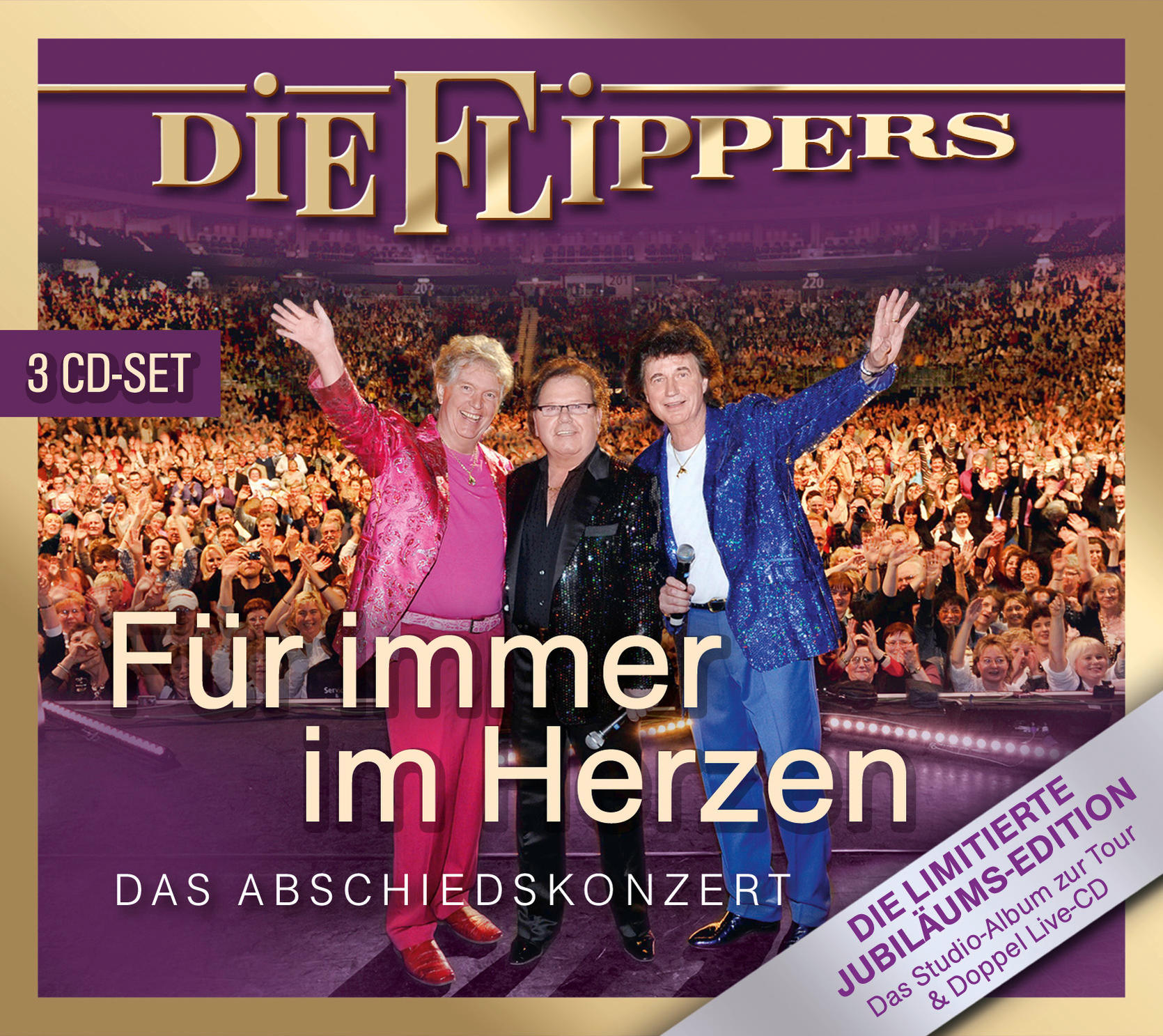 Albumcover mit drei Männern. Text: Die Flippers, Für immer im Herzen, Das Abschiedskonzert.