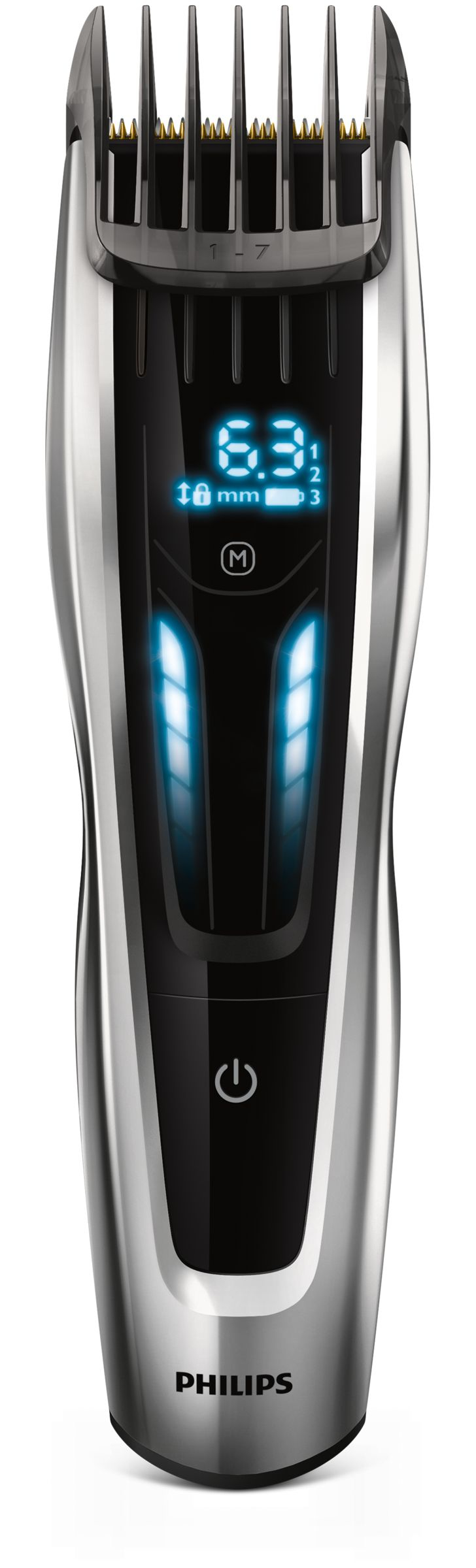A silver and black Philips hair trimmer with a digital display and power button.