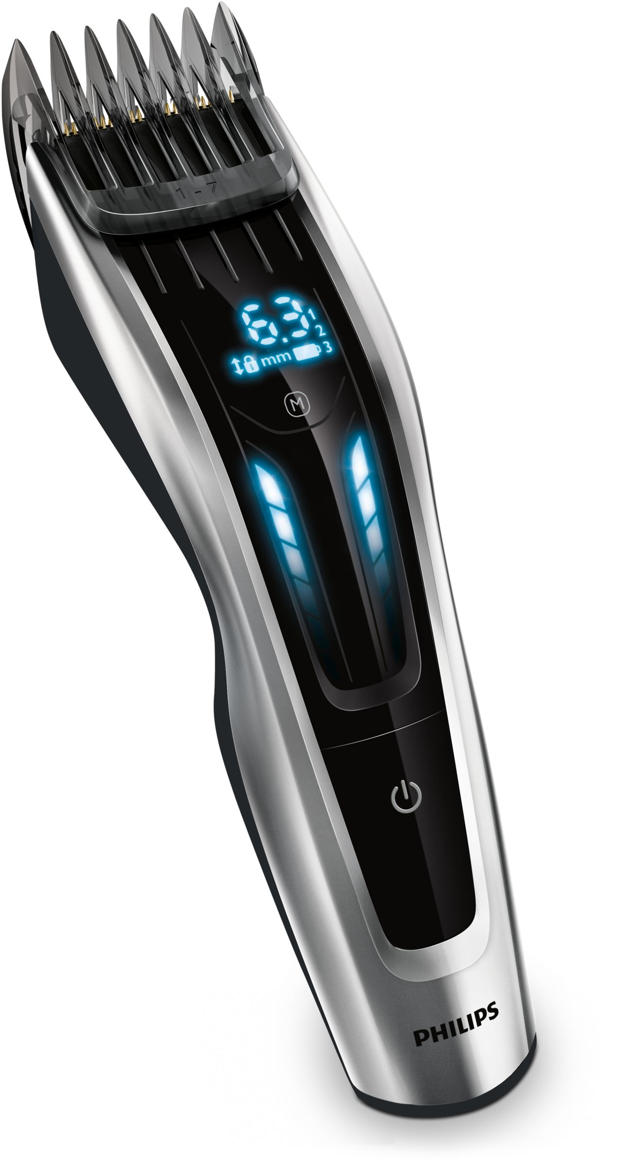 Silver and black Philips beard trimmer. Digital display and power button. Blades on top.