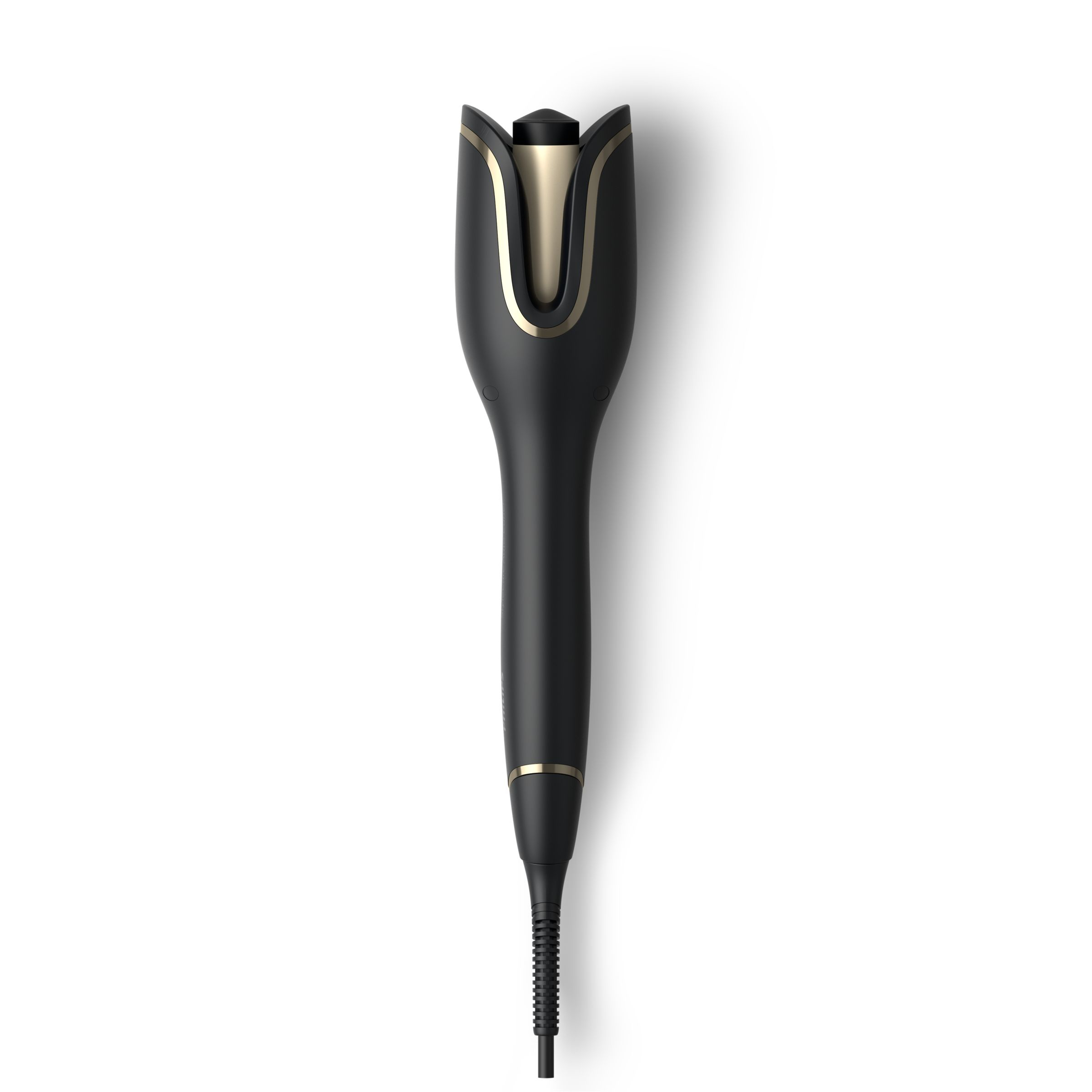 Black and gold hair curler on a white background. It has a cord.
