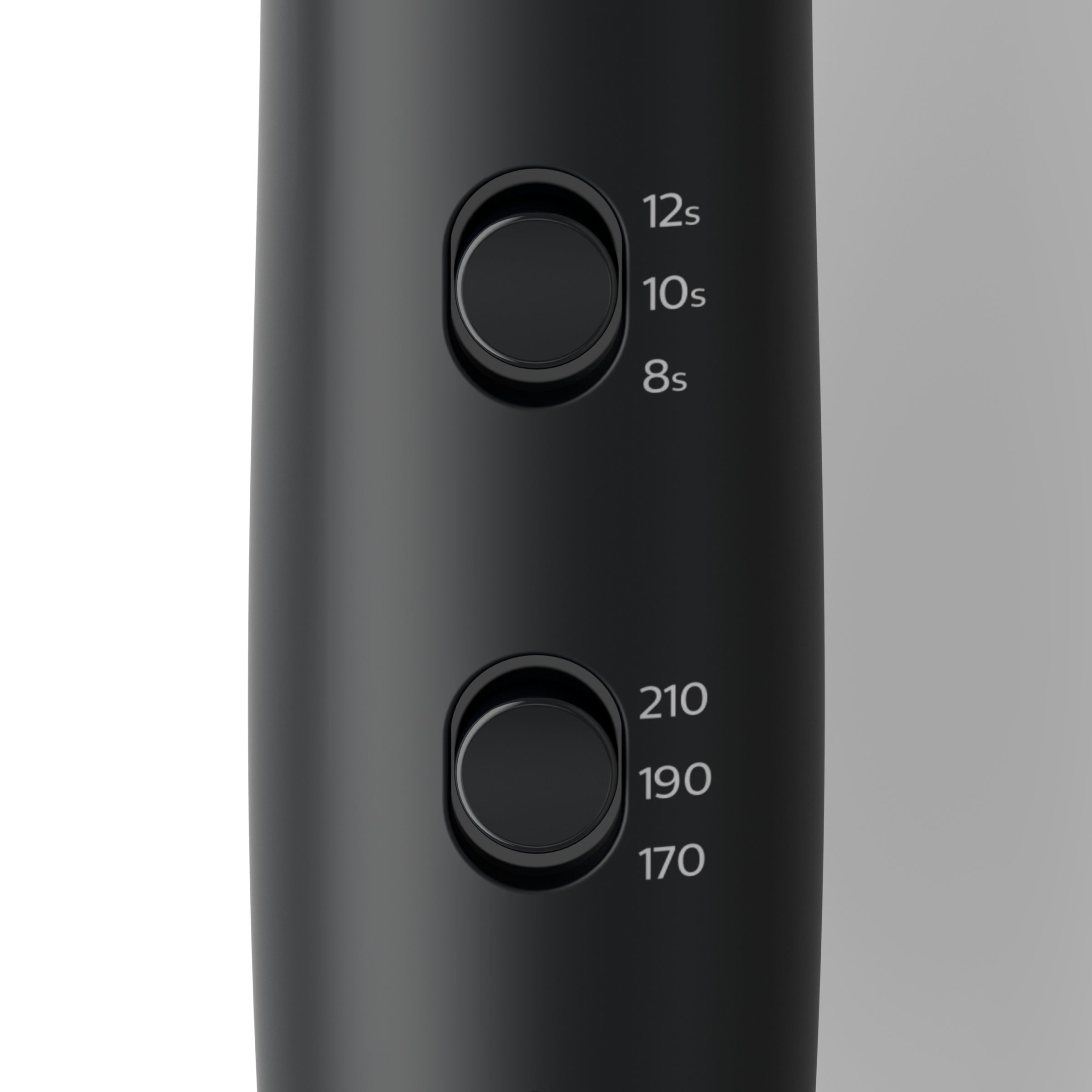 Hair dryer detail. Two buttons, one for time, the other for temperature in Celsius.