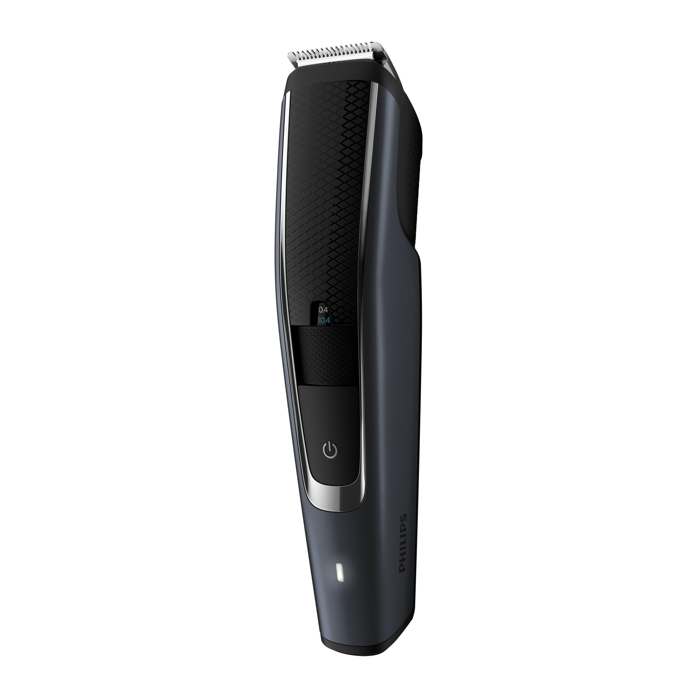Een donkerblauwe Philips baardtrimmer tegen een witte achtergrond. Het heeft een aan/uit-knop en een klein lampje.