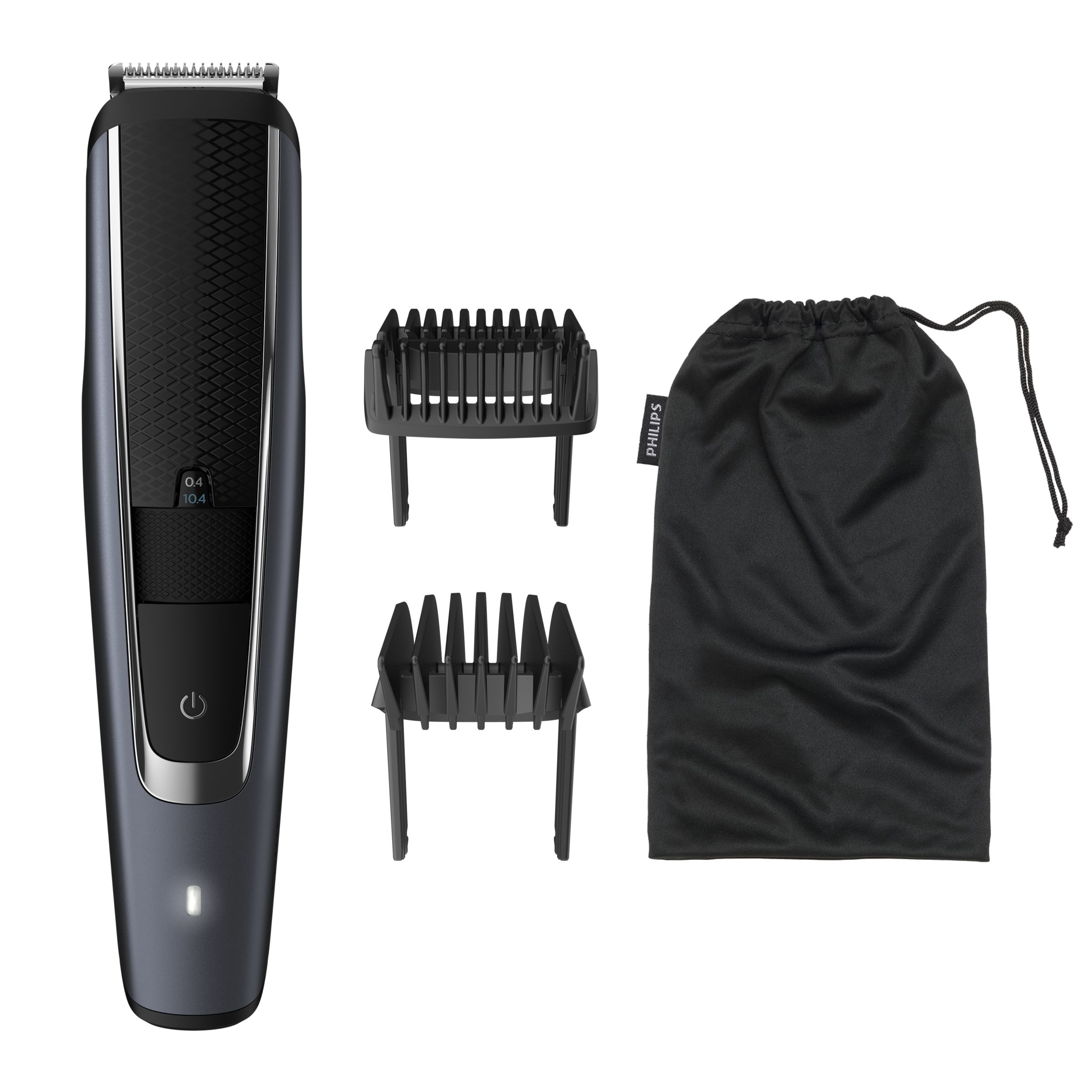 Een zwart-zilveren Philips baardtrimmer, twee zwarte kamopzetstukken en een zwart zakje met trekkoord.
