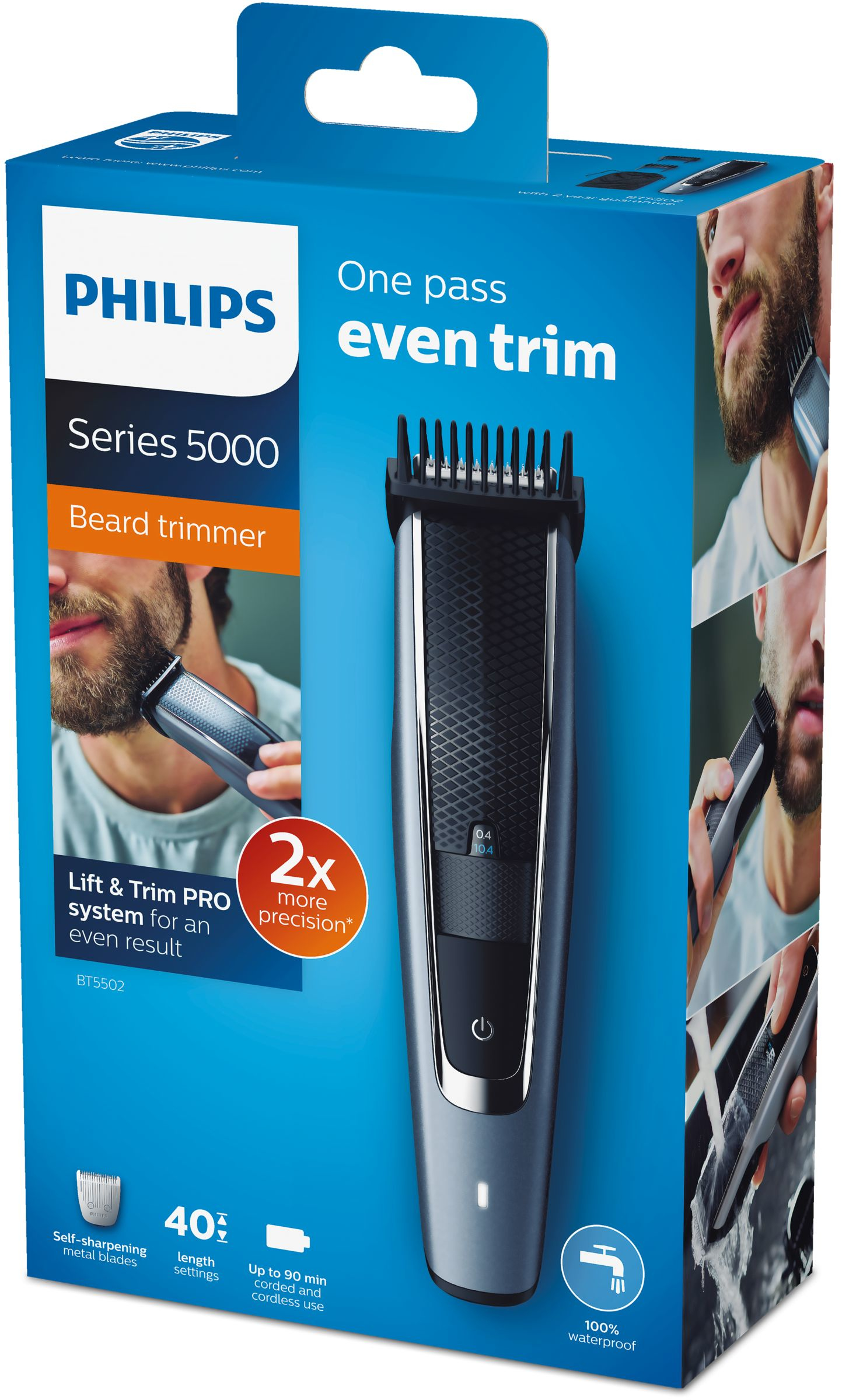 Doos met een Philips baardtrimmer. Toont de trimmer en een man die hem gebruikt. Kenmerken zijn zelf slijpende mesjes en 40 lengte-instellingen.