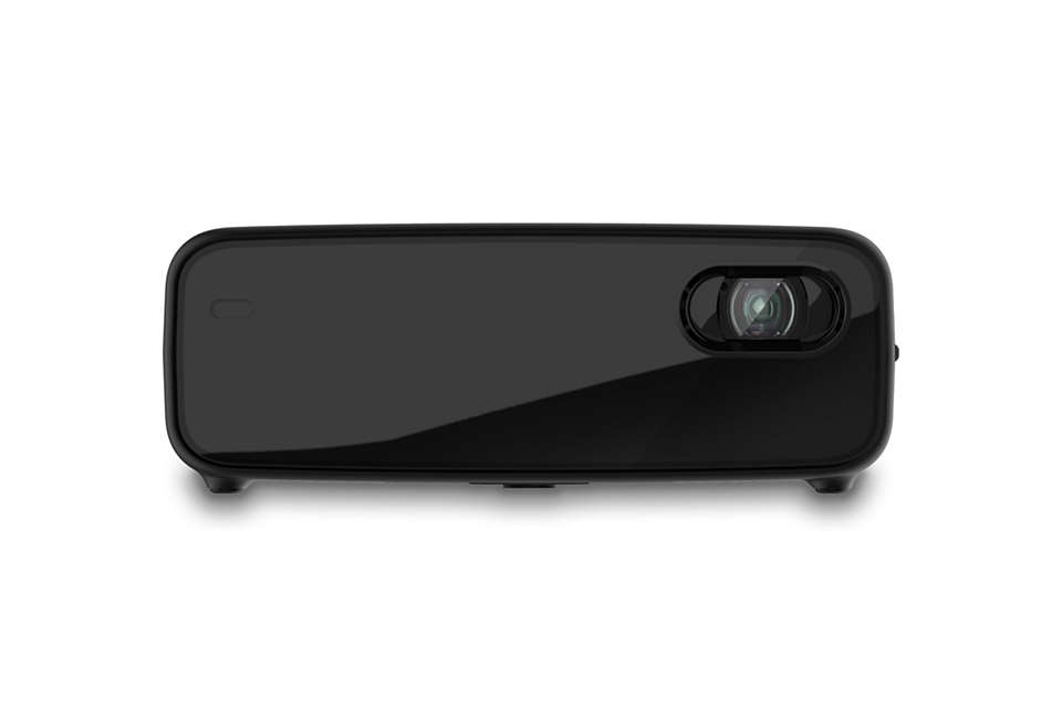 Zwarte projector op witte achtergrond. Lens zichtbaar. Rechthoekige vorm.