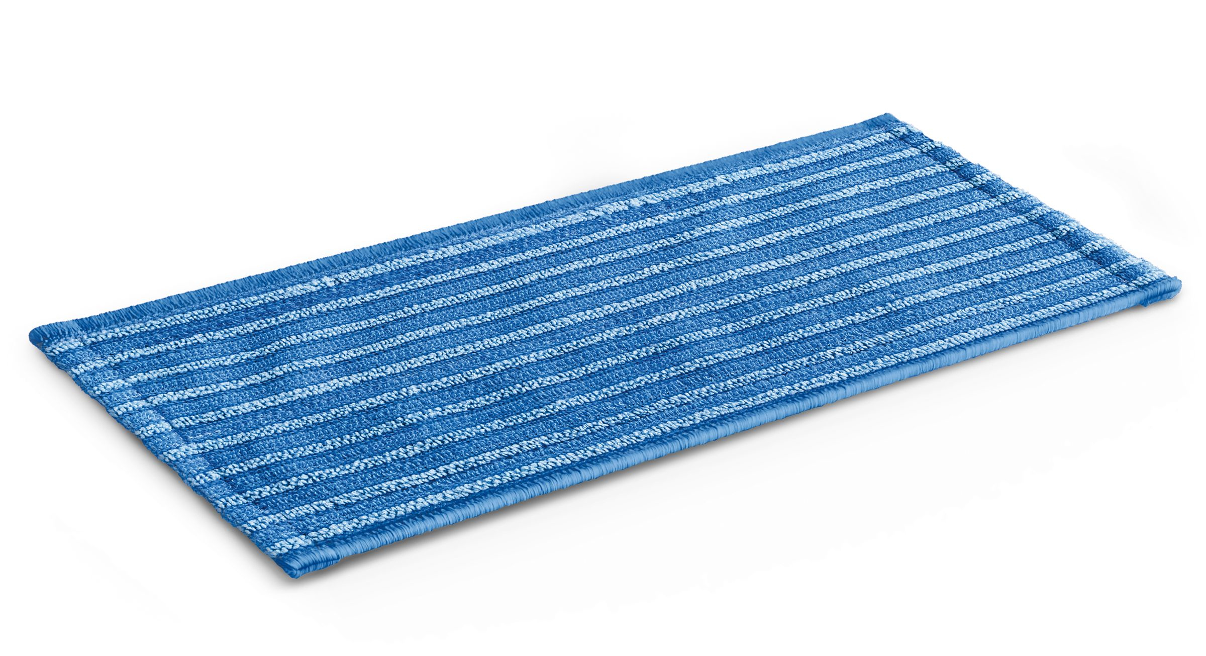 Blue mop pad on a white background. It has white and blue stripes.