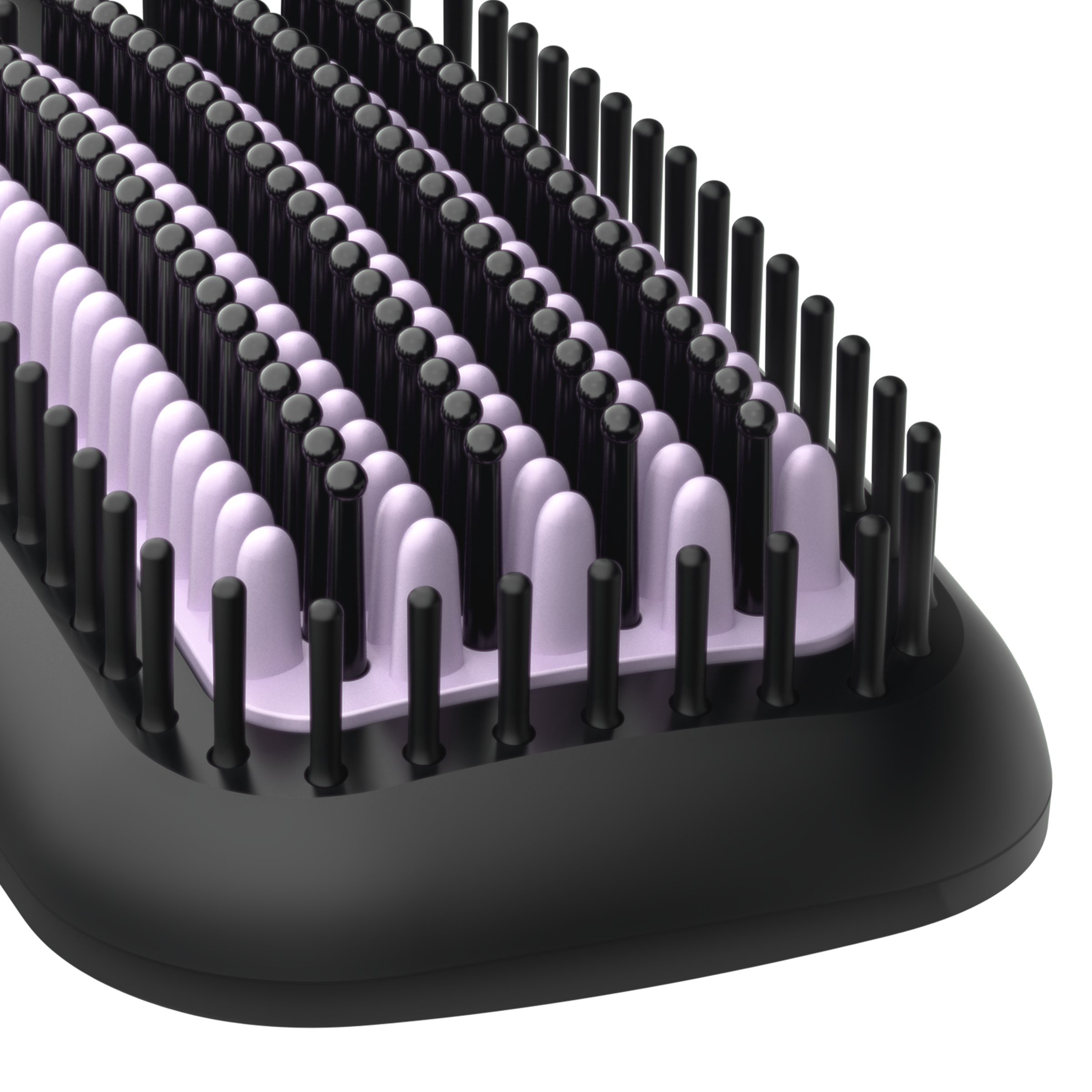Close-up of a black and purple hair brush. White background. Straightening brush.