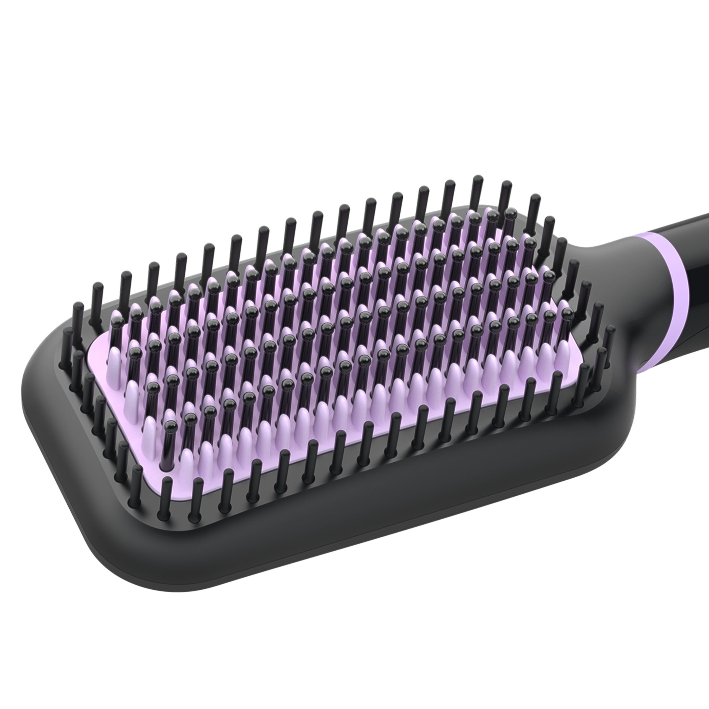 Black hair straightening brush with purple bristles, white background.