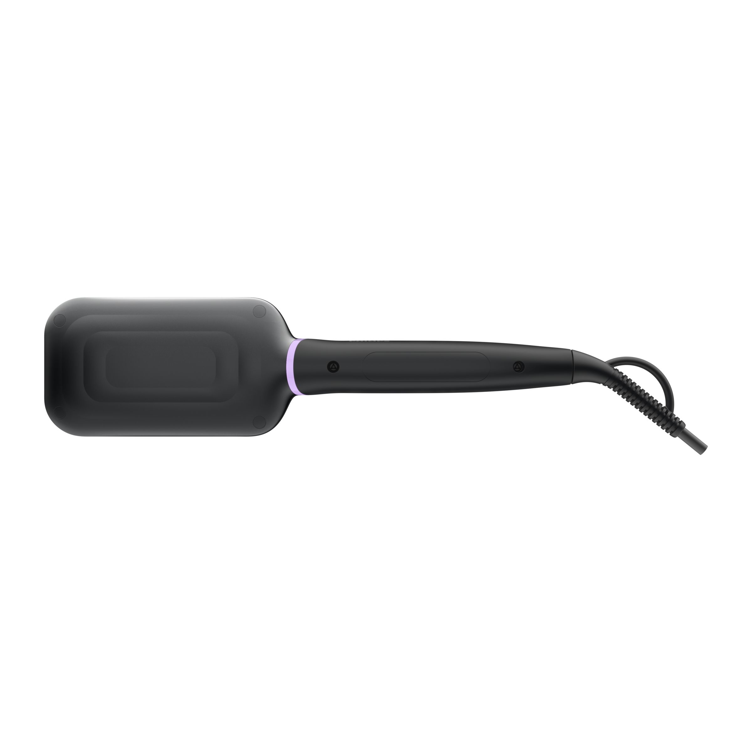 A black hair straightener with a purple accent. The handle and cord are visible against a white backdrop.