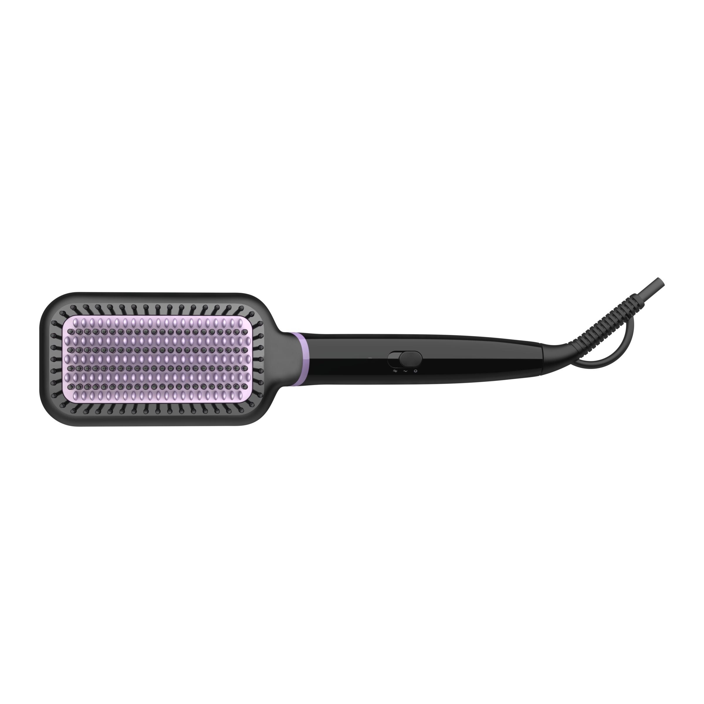 A black hair straightening brush with purple bristles, has a long handle.
