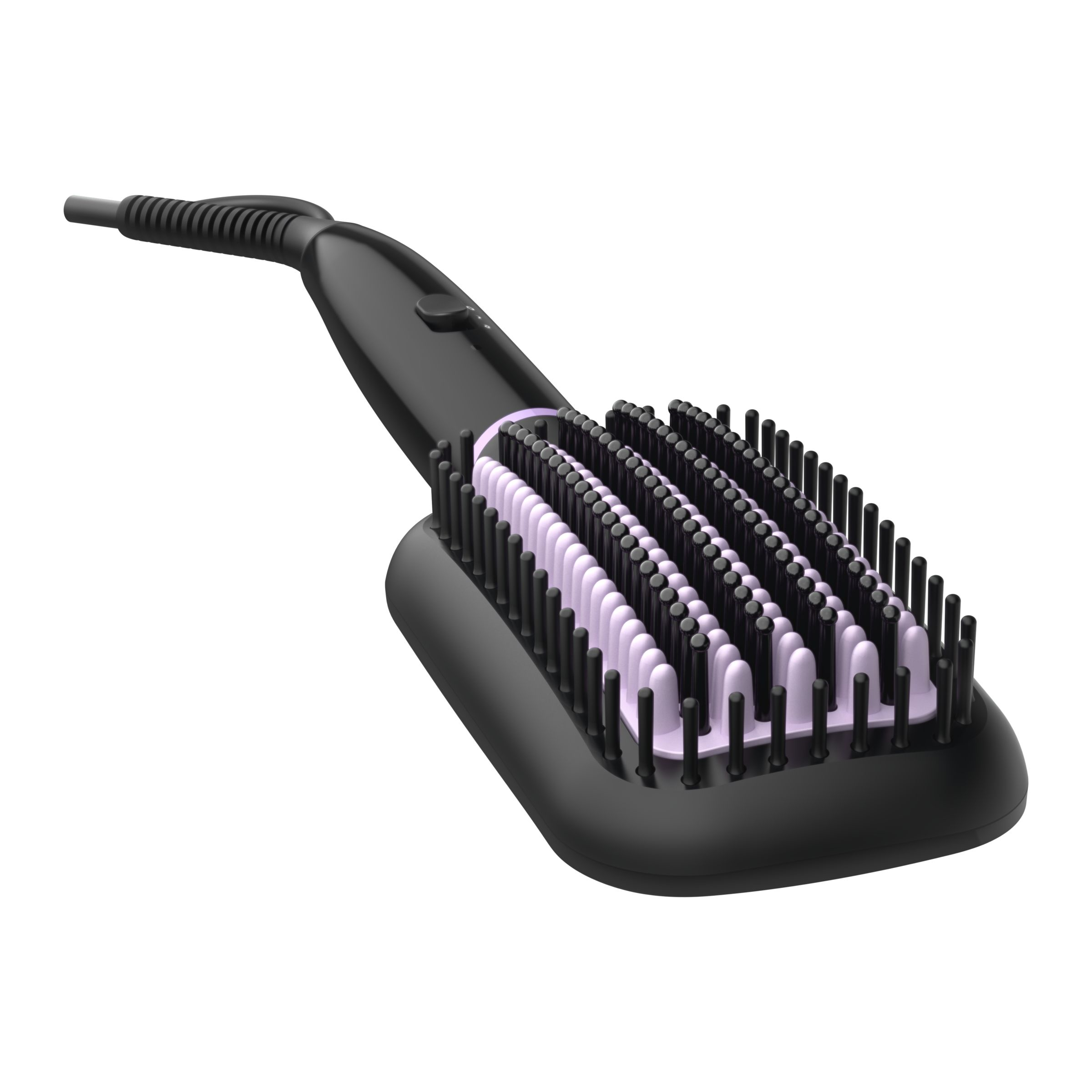 Black hair straightening brush with purple bristles. The brush is on a white background.