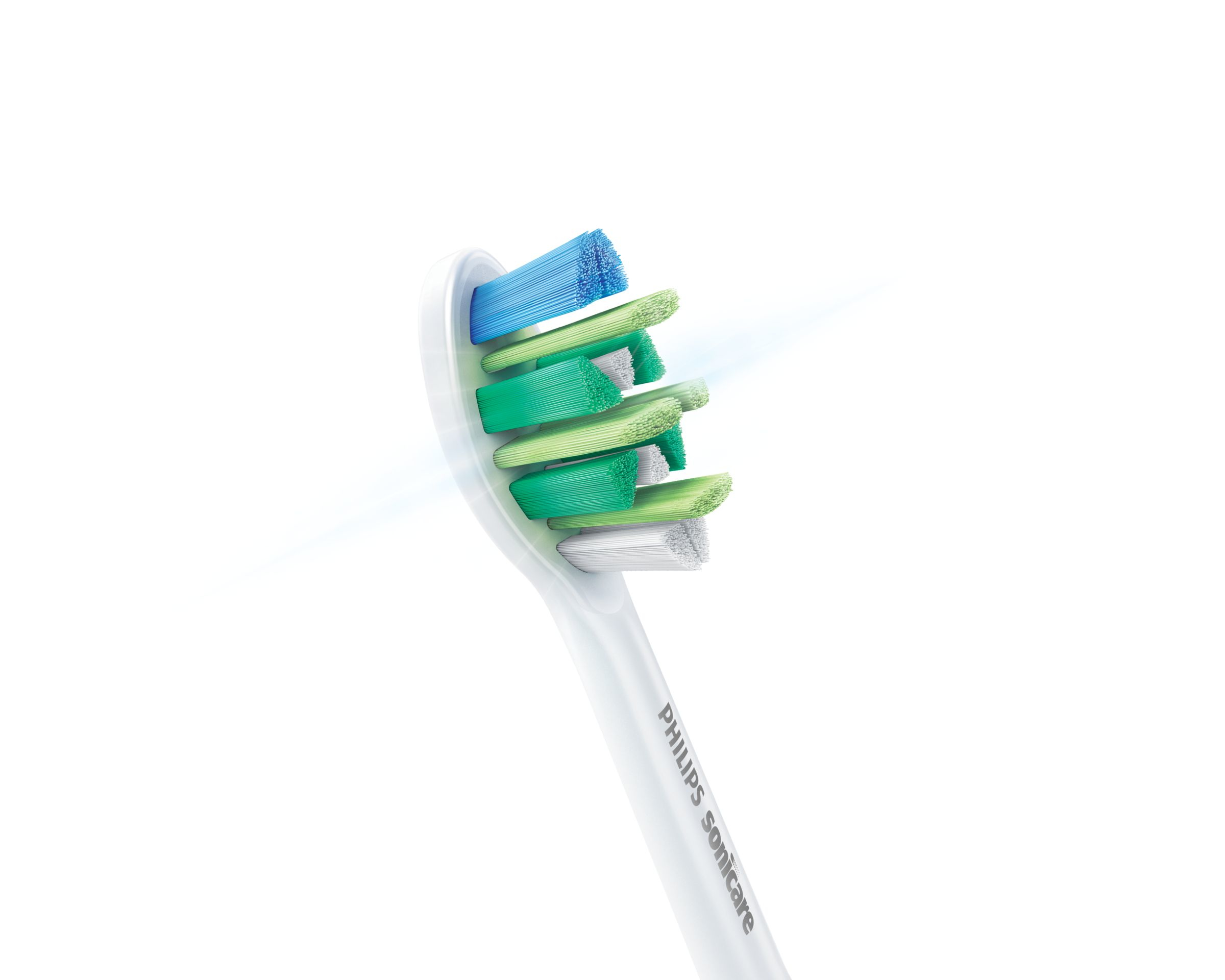Witte tandenborstelkop met gekleurde borstelharen, blauw, groen en wit. Philips Sonicare logo.
