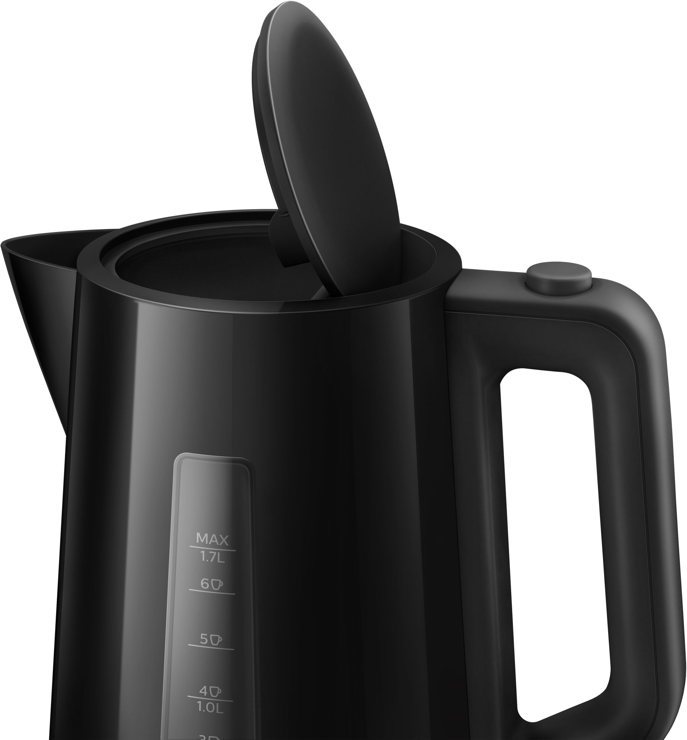 Zwarte waterkoker met een handvat en deksel open.
