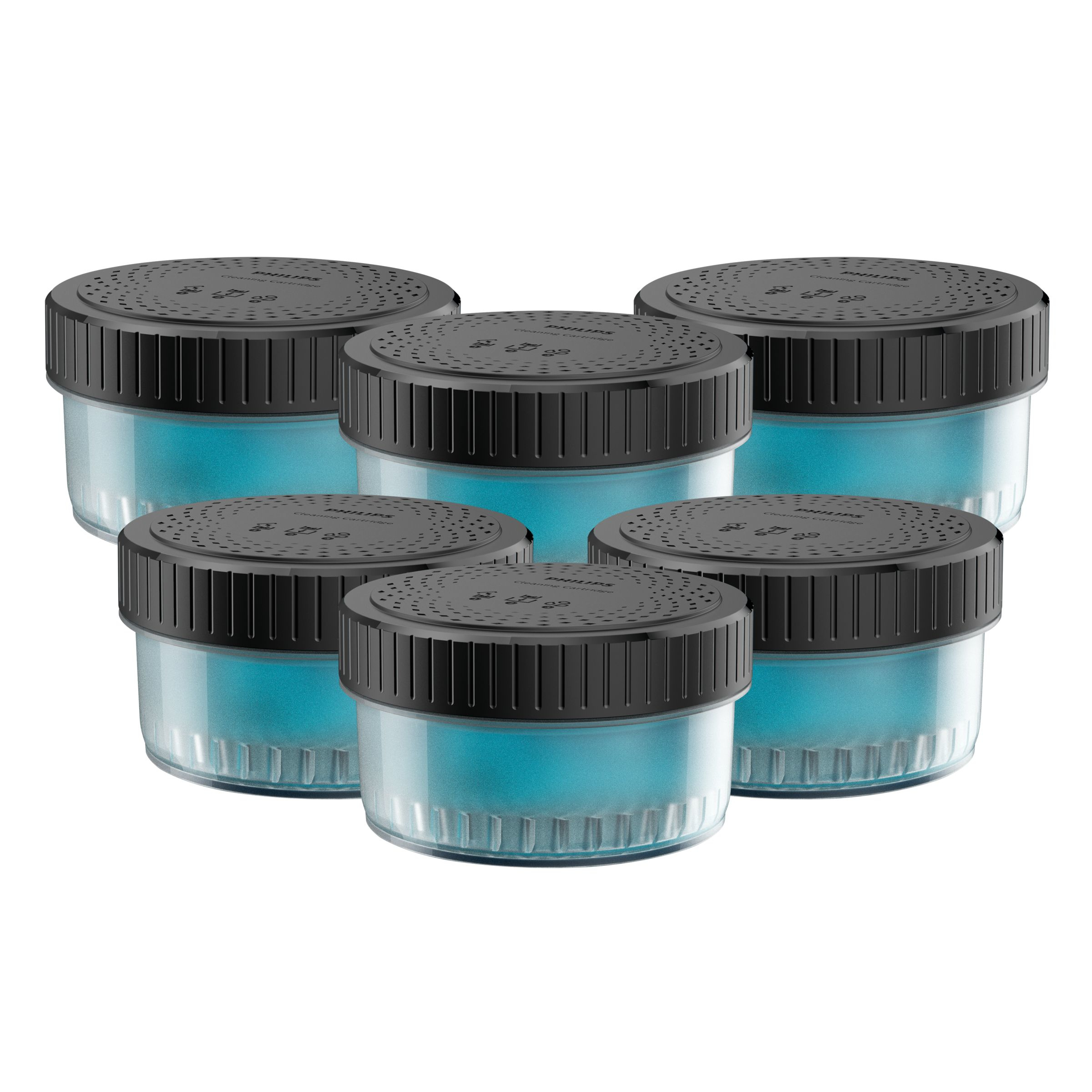Five clear jars with black lids filled with blue liquid, arranged in a diamond shape.