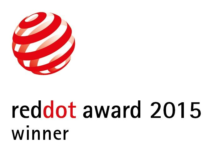 Red dot award 2015 winner logo. Red and white spiral shape with black text on white.