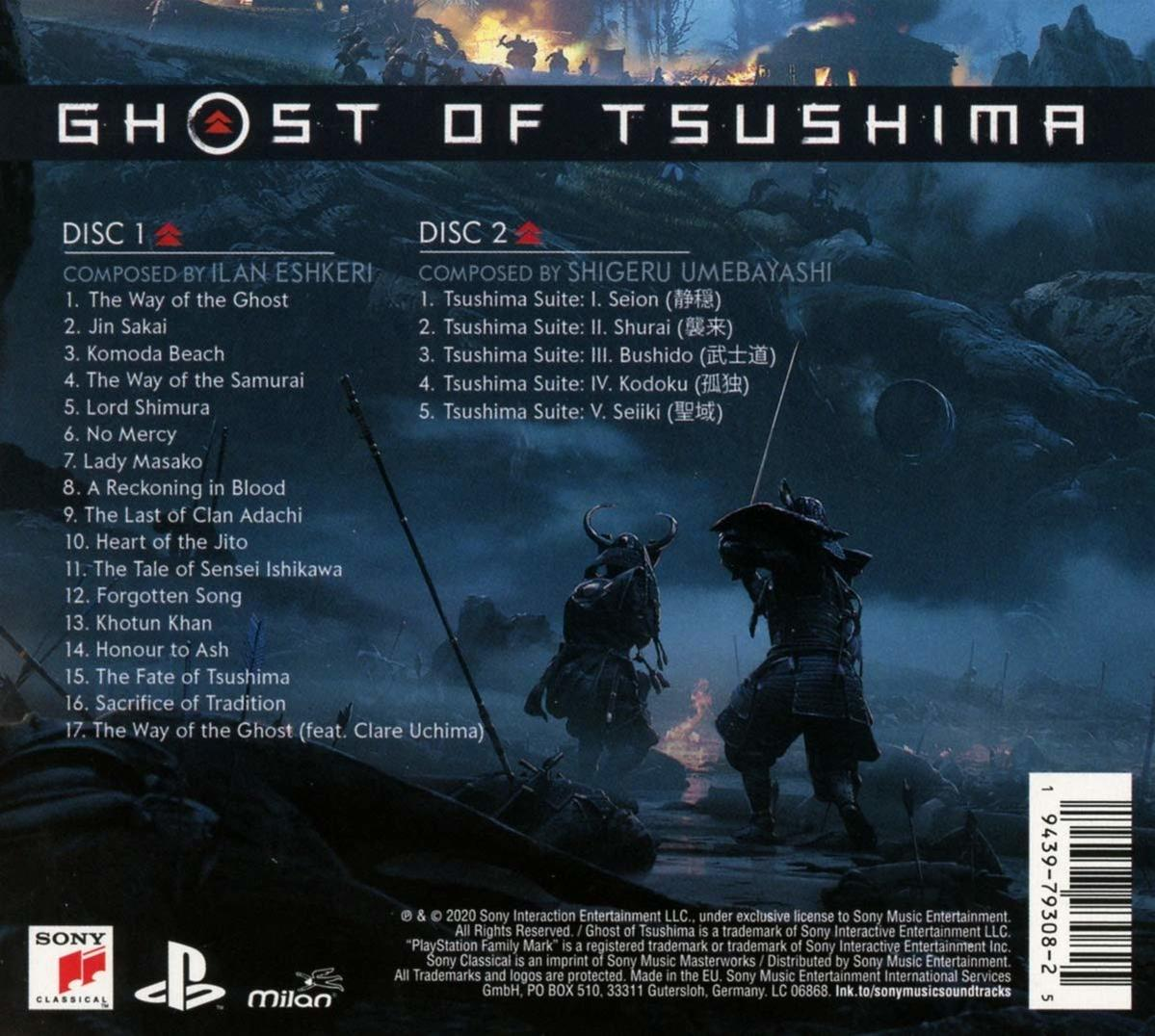 CD-Hülle mit Text und Bildern. Der Titel lautet Ghost of Tsushima. Zwei Figuren in Rüstung.
