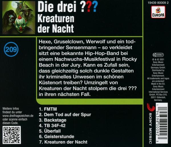 Albumcover mit Text. Text: Die drei ???, Kreaturen der Nacht. Illustration von Monstern.