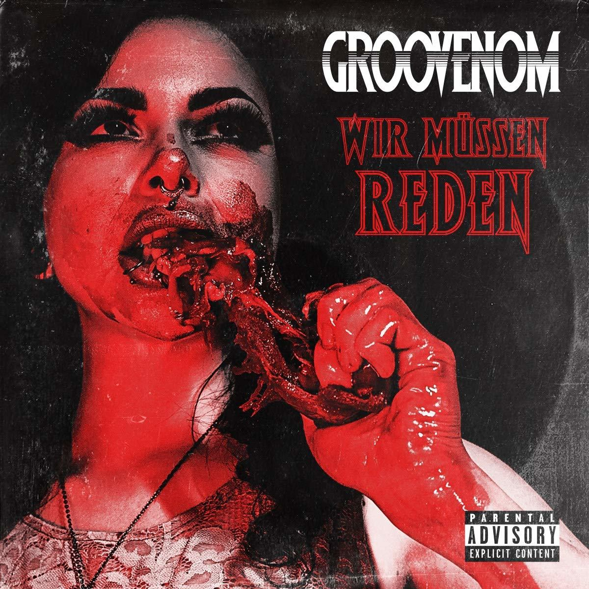 Albumcover mit Frau mit blutigem Mund und Fleisch in der Hand. Rottöne.