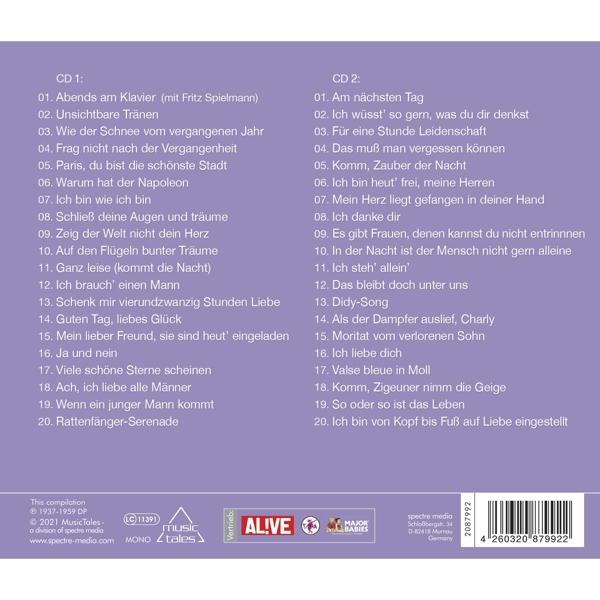 Rückseite einer CD-Hülle mit deutschem Text. Die CD hat zwei Titellisten. Die CD ist in einer Plastikhülle.