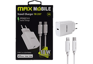 MAX MOBILE TR-207 Hálózati Töltő 1xUSB-C, QC 3.0, 3 A, 18W, USB-C-Lightning kábel, fehér (3858892933817)
