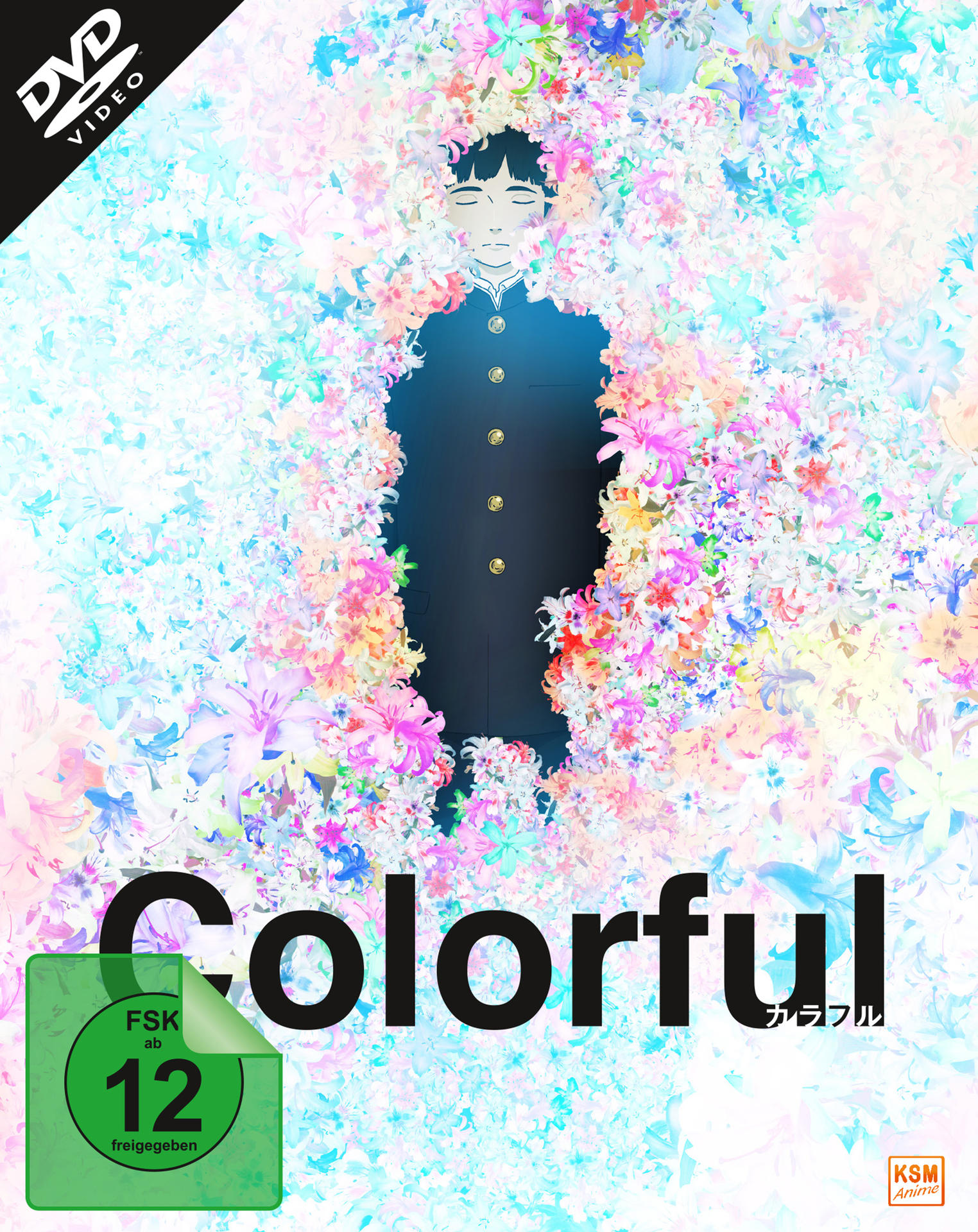 DVD-Cover für "Colorful". Ein Junge in Schuluniform, umgeben von bunten Blumen.
