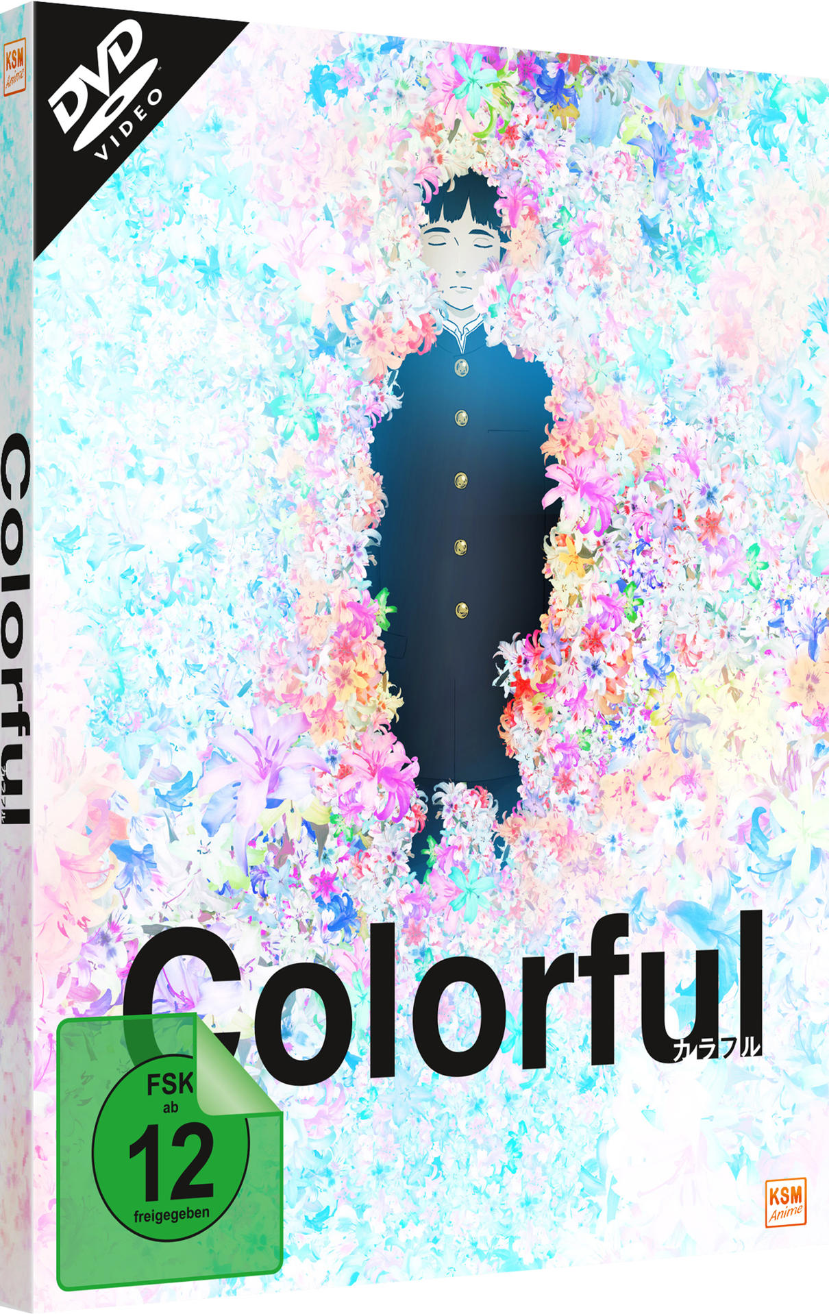 Eine DVD-Hülle mit farbenfrohem Design. Eine Person in Schuluniform ist in der Mitte des Designs.