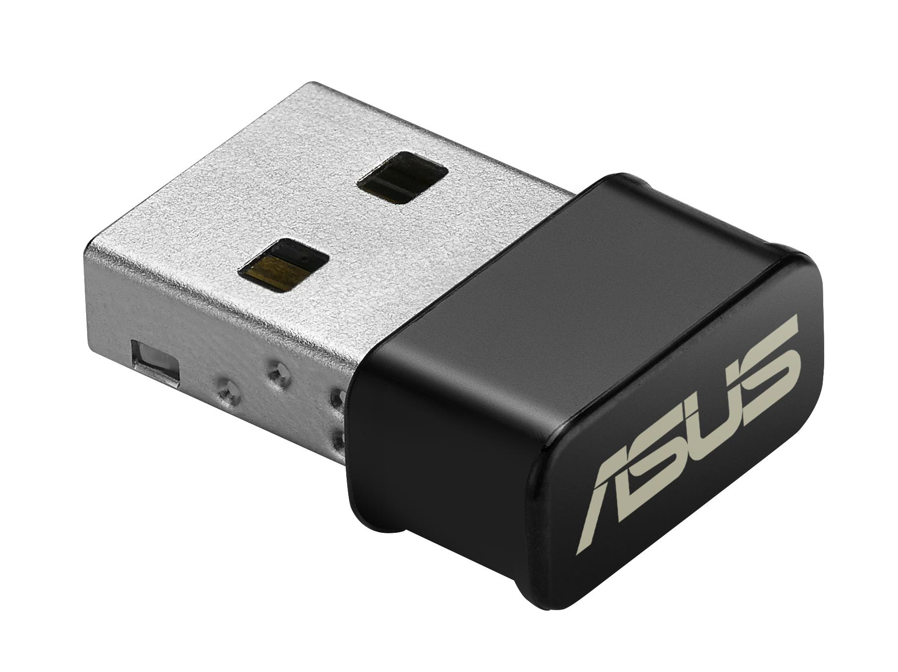 Un adaptateur sans fil USB ASUS est affiché, avec un corps argenté et un capuchon noir avec le logo ASUS.