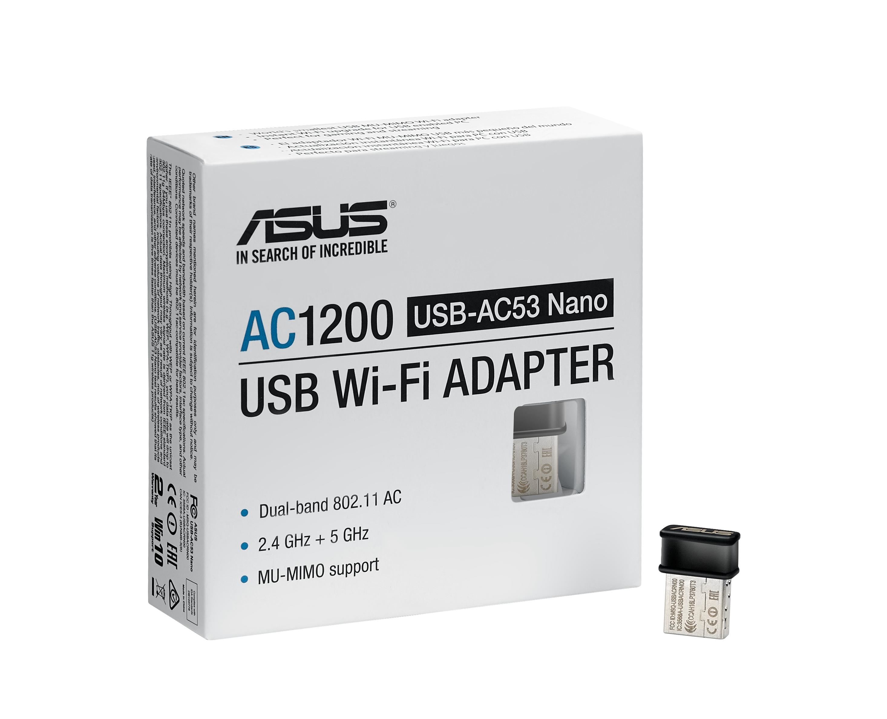 Boîte pour adaptateur Wi-Fi USB ASUS. Elle présente le logo de la marque, le nom du produit AC1200 USB-AC53 Nano et des infos.