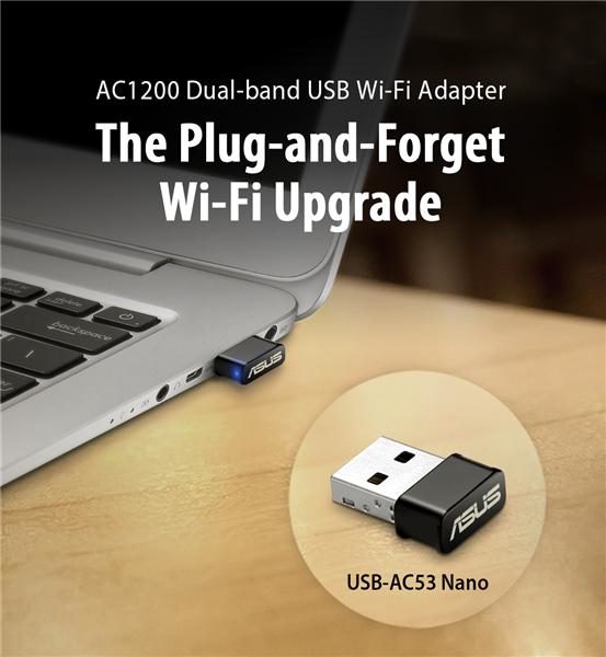 Adaptador Wi-Fi USB conectado a una laptop. Texto dice: The Plug-and-Forget Wi-Fi Upgrade.