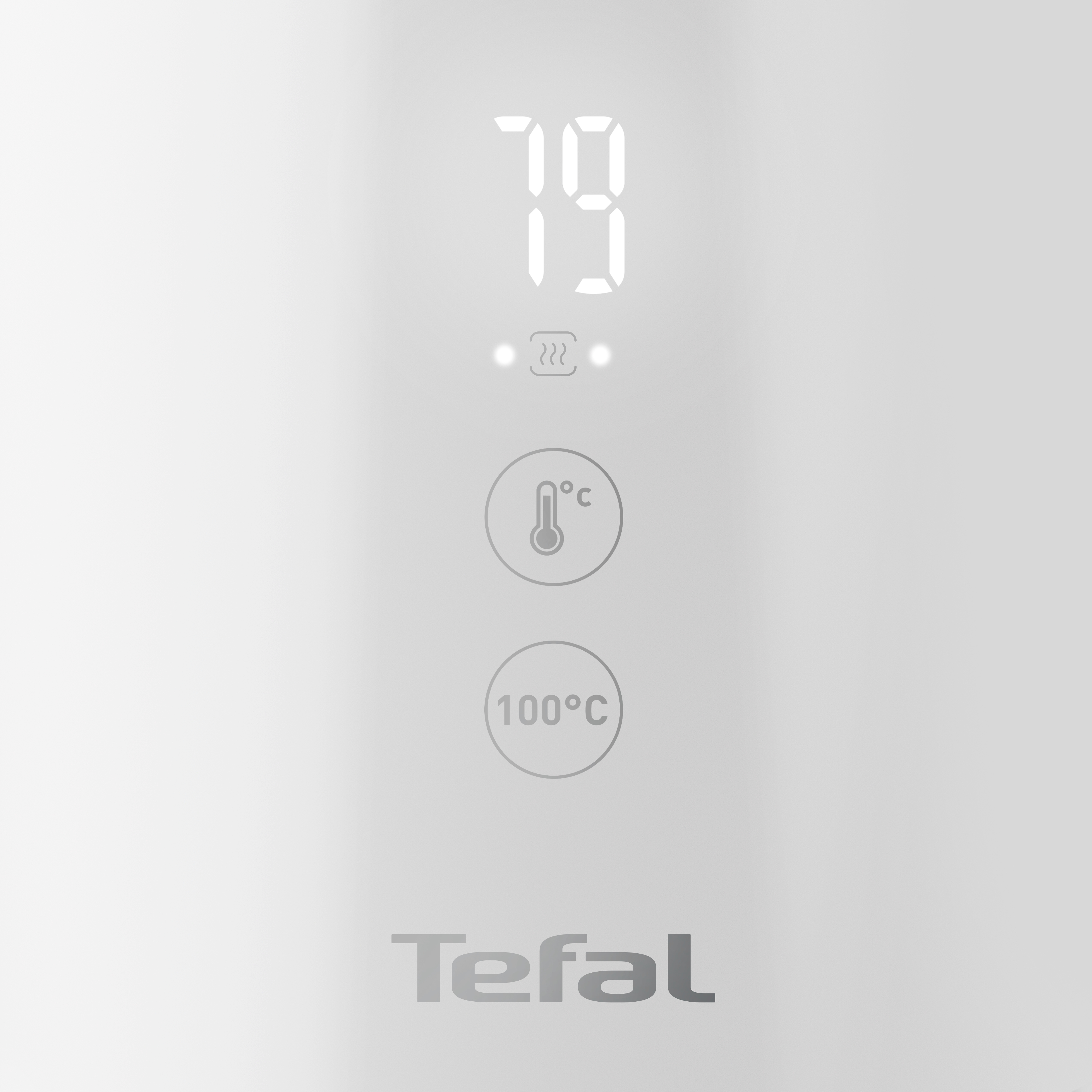 Nahaufnahme eines weißen Digitaldisplays, das die Temperatur von 79°C anzeigt.