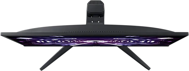 Draufsicht auf einen schwarzen Monitor. Der Bildschirm zeigt ein lila-weißes Design.