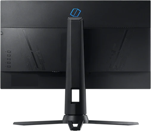 Rückansicht eines schwarzen Monitors mit Ständer. Oben befindet sich ein blaues Logo.
