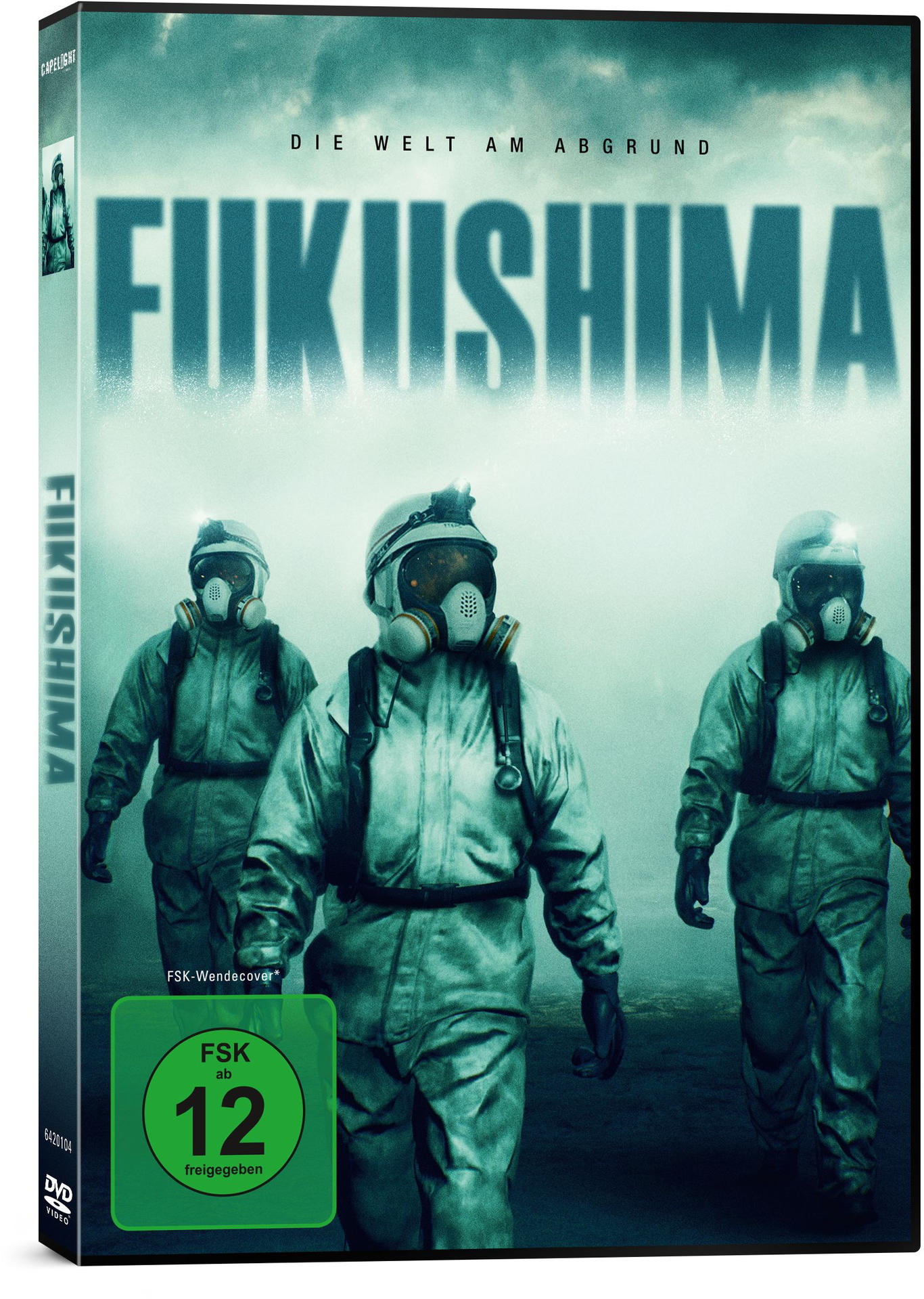 DVD-Hülle mit drei Personen in Schutzanzügen in einer nebligen Umgebung.