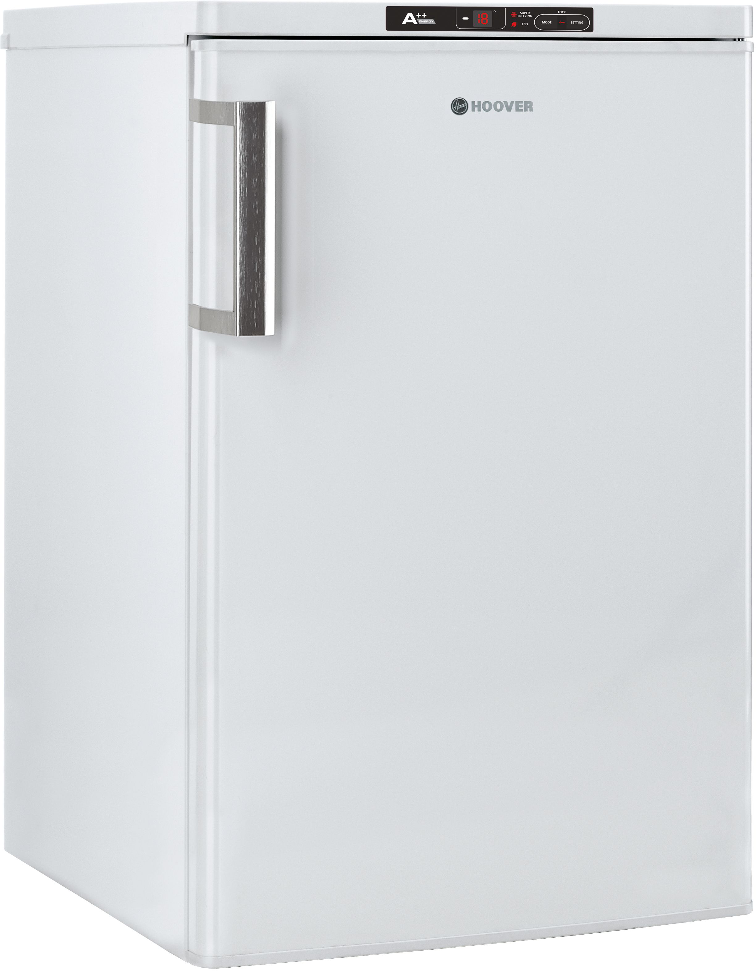 Un réfrigérateur Hoover blanc, porte fermée, avec poignée en acier inoxydable et logo Hoover.