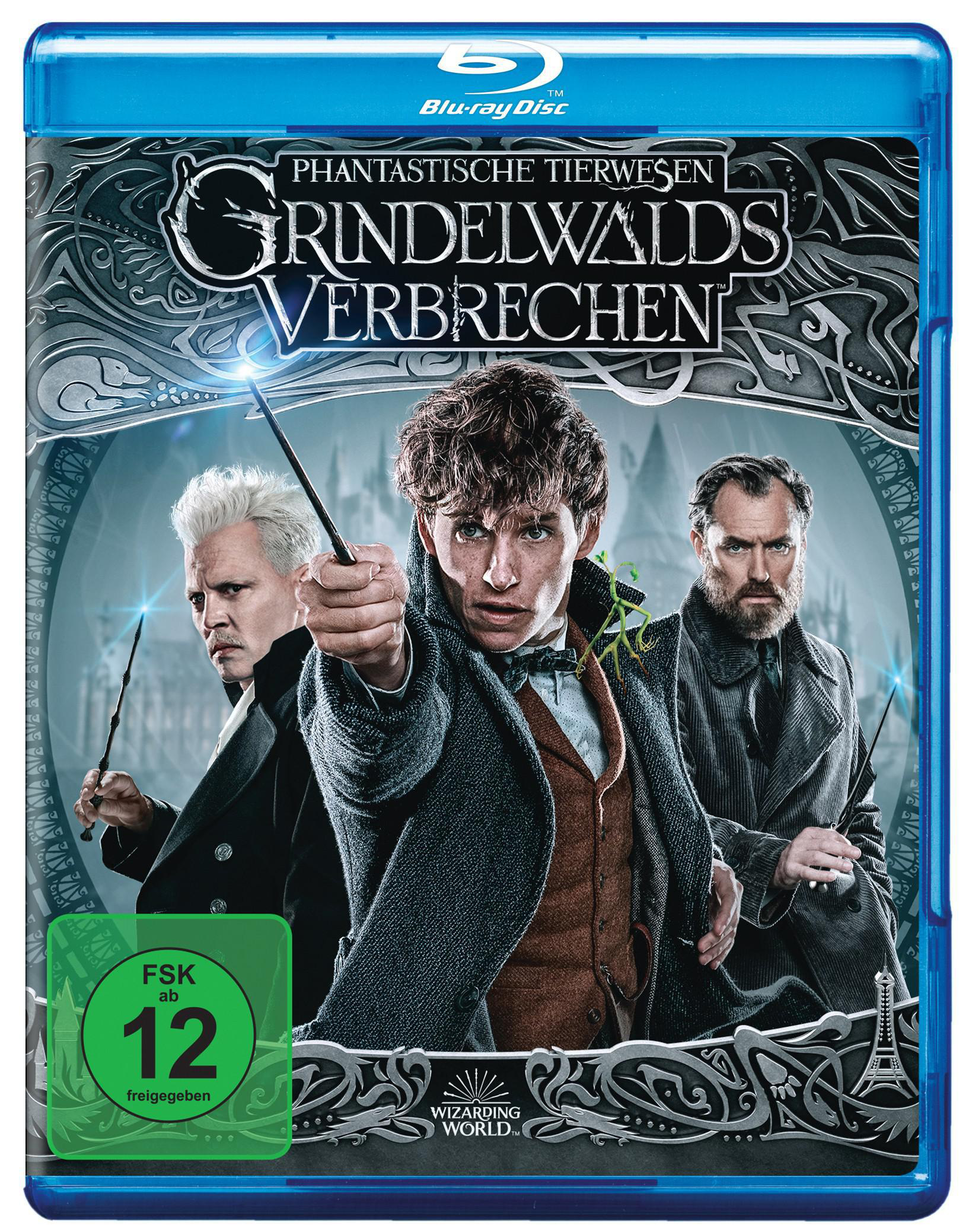 Phantastische Tierwesen Blu-ray Cover, Charaktere mit Zauberstäben, blauer Hintergrund.