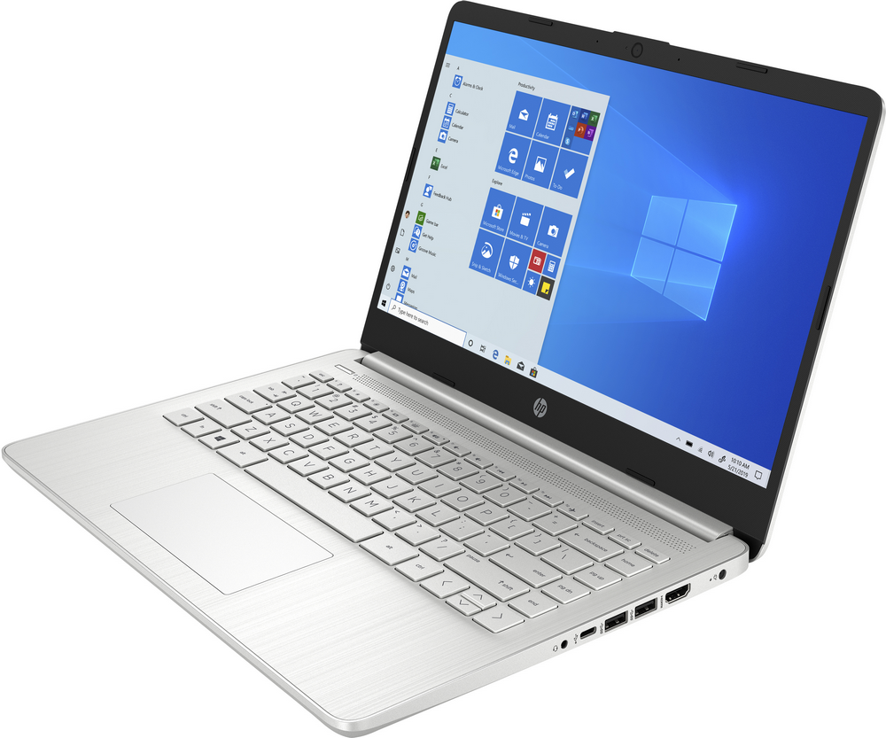 Portátil plateado en superficie blanca, con interfaz de Windows en pantalla.
