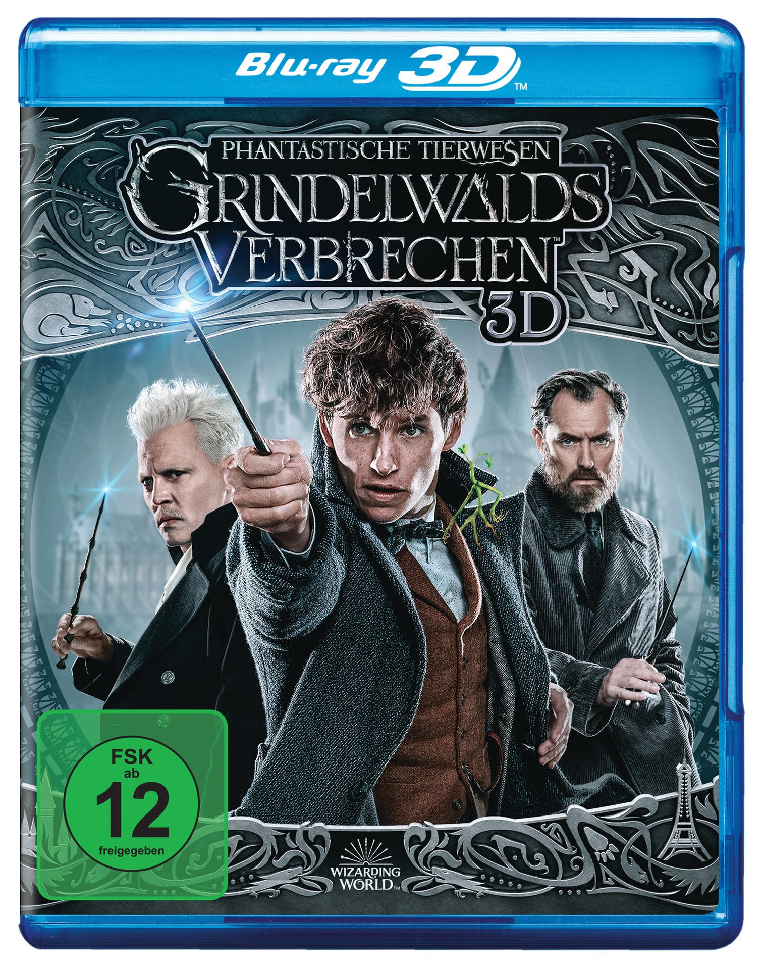 Blu-ray-Cover von 'Phantastische Tierwesen: Grindelwalds Verbrechen'. Schauspieler mit Zauberstäben im Vordergrund.
