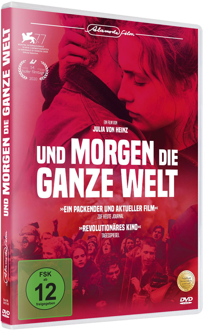 DVD-Cover mit einem sich umarmenden Paar mit dem Titel 'Und Morgen die Ganze Welt'.