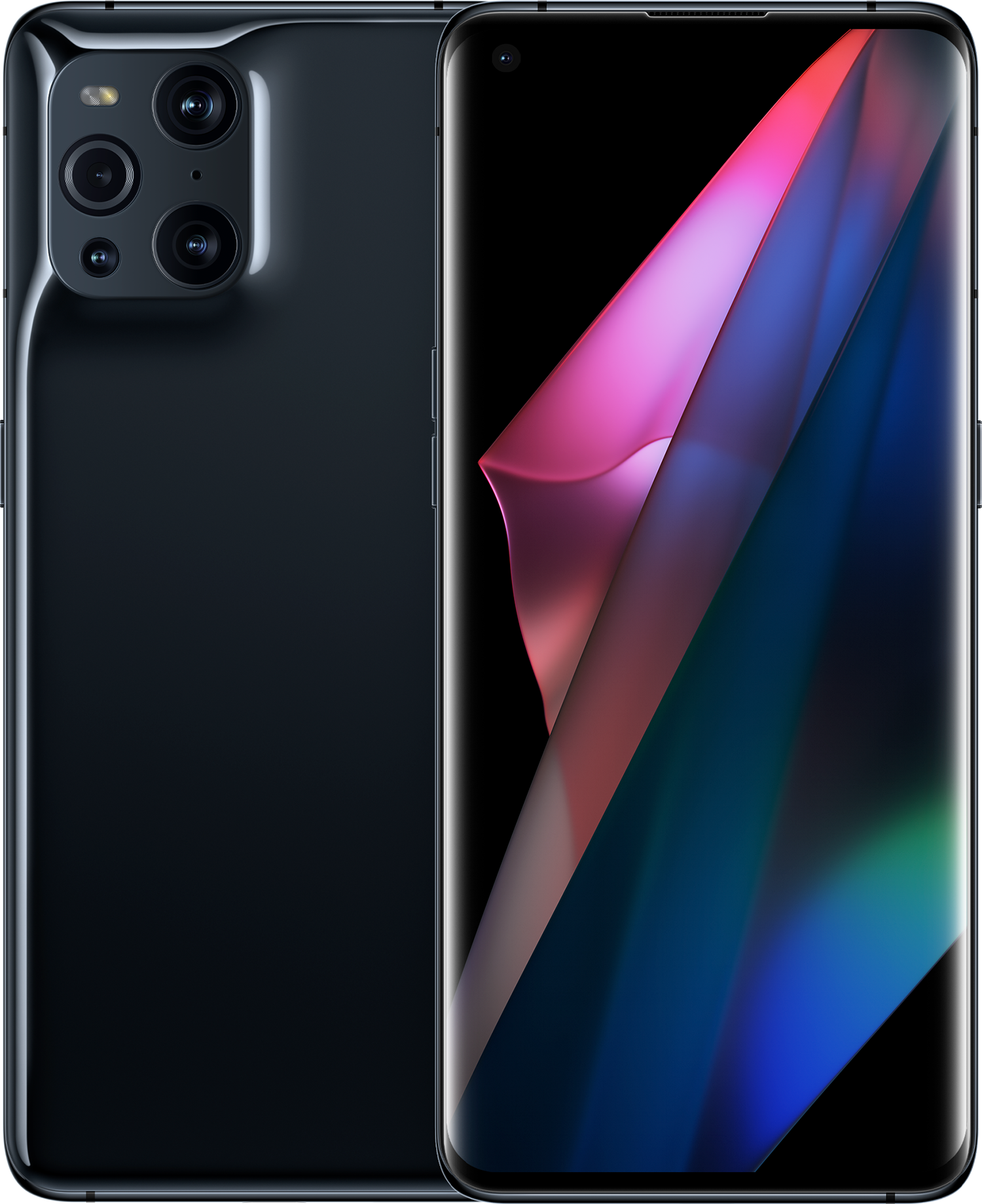 De achterkant en voorkant van een zwarte smartphone. De achterkant heeft camera's.