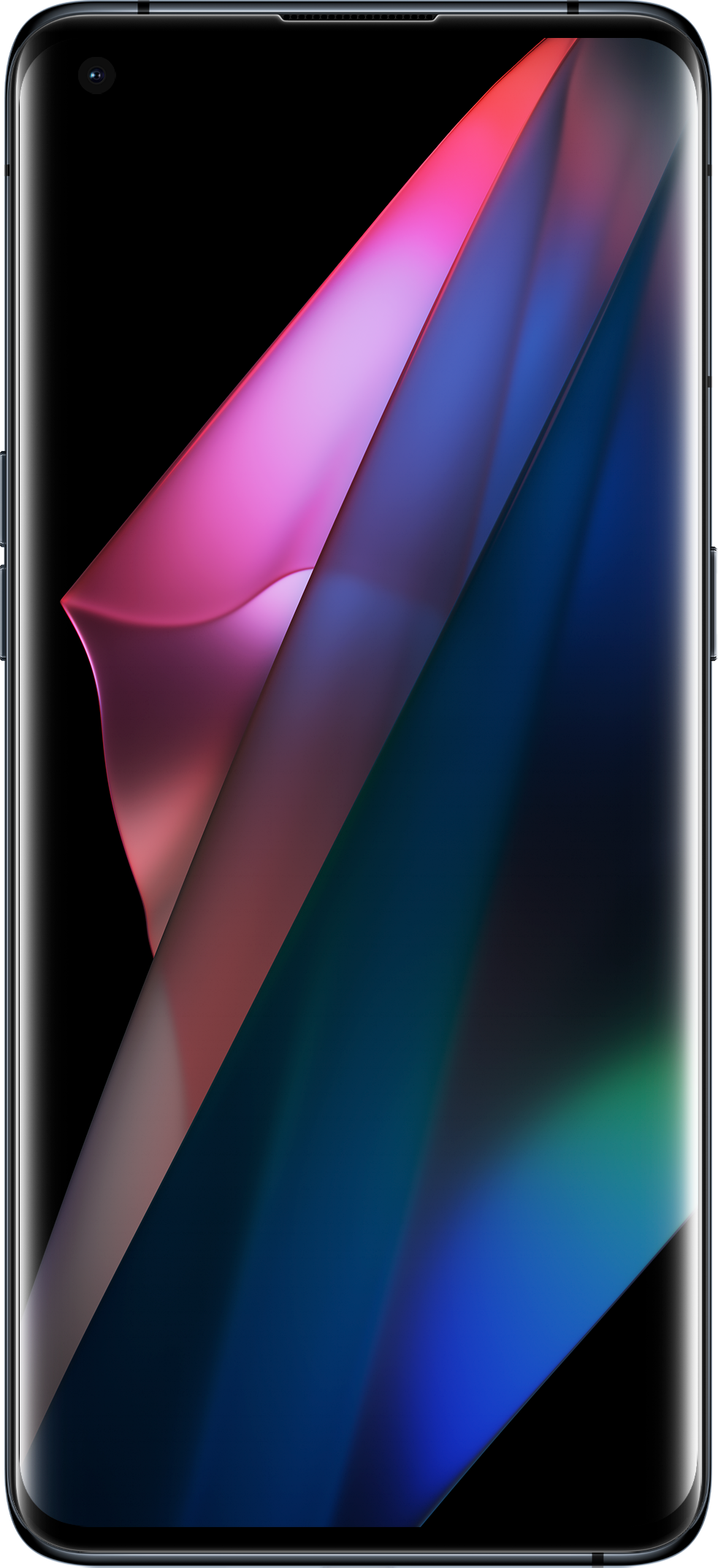 Een zwarte smartphone met een gebogen scherm dat een abstract kleurrijk ontwerp toont.