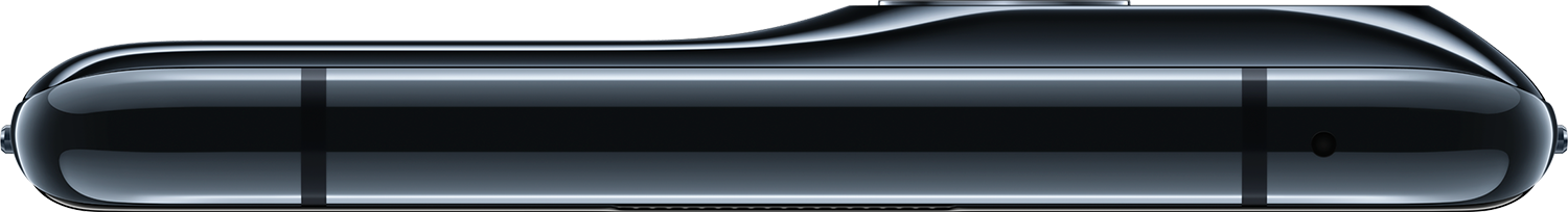 Zijaanzicht van een donkergrijze, strakke telefoon met twee zwarte banden. De bovenkant heeft een kleine knop.