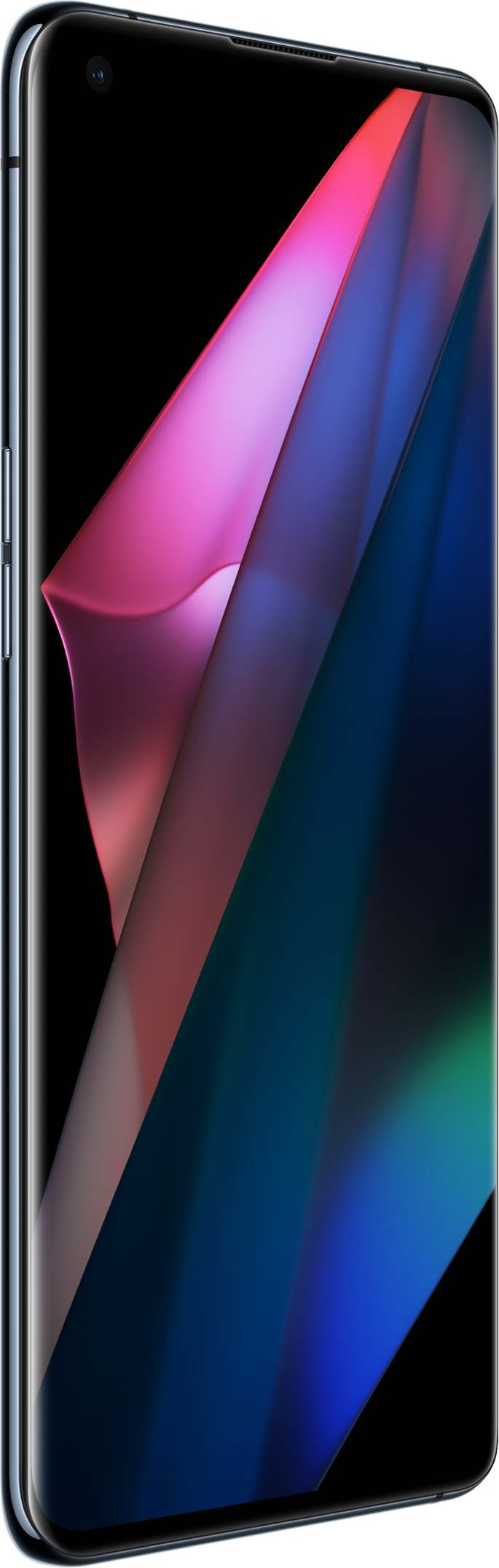 Een moderne smartphone met een gebogen scherm waarop een abstract kleurrijk ontwerp te zien is.
