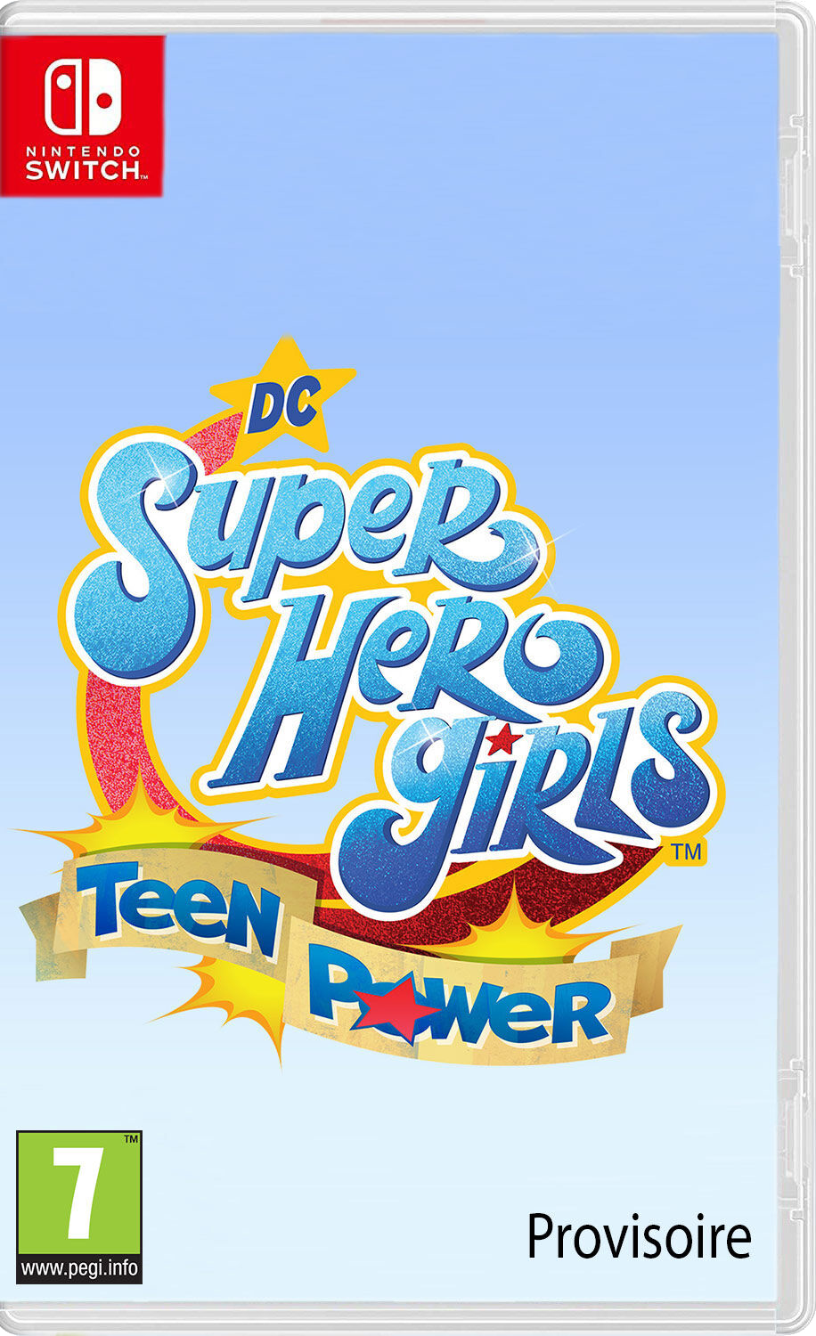 Boîtier de jeu DC Super Hero Girls. Logo et personnages sur fond bleu clair.