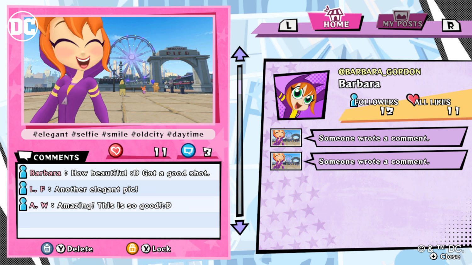 Interface DC Super Hero Girls avec commentaires et profil.